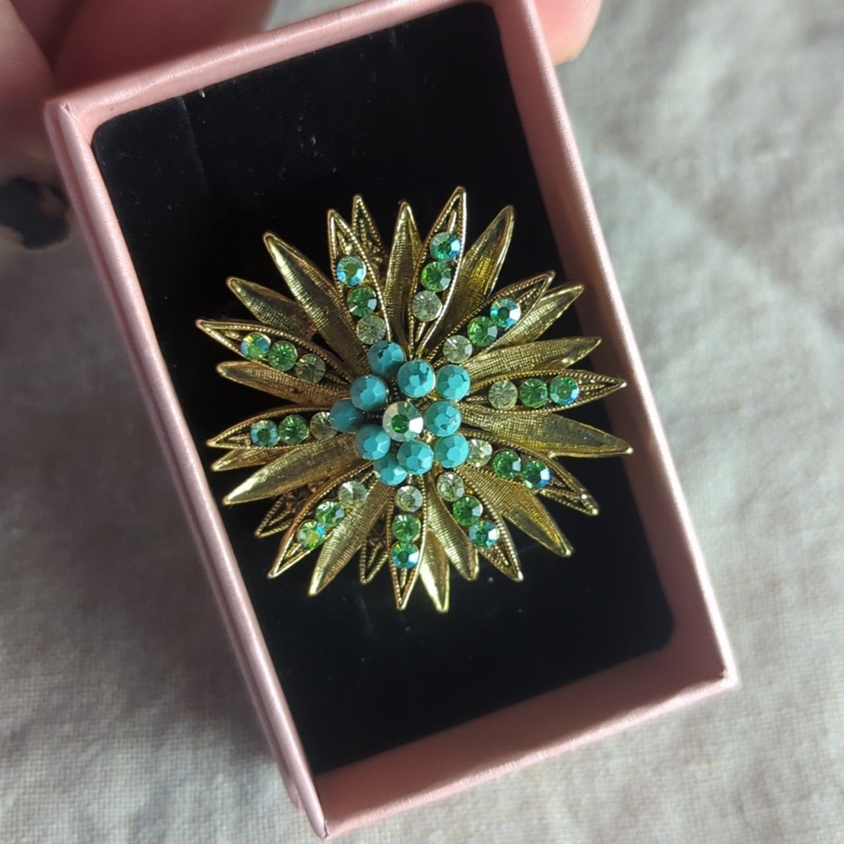 Vintage Starburst Brooch Gold Tone Turquoise & Green Rhinestone Costume Jewelry
