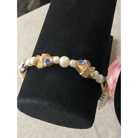 Vintage Figural Fish Faux Pearl Bracelet Sapphire Blue Rhinestone Gold Tone