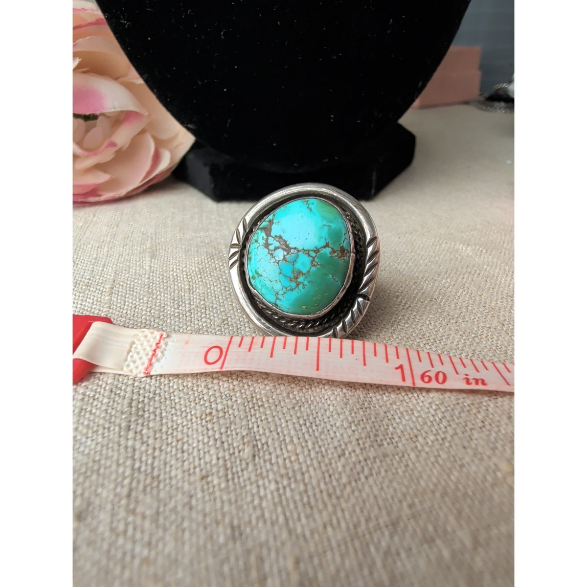 Vintage Navajo Sterling Silver Turquoise Ring Size 5 Signed Artisan Mark "T" Split Shank
