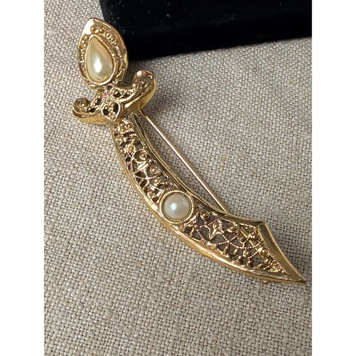 1928 Signed Sword Brooch Gold Tone Faux Pearl Filigree Vintage Style Jewelry