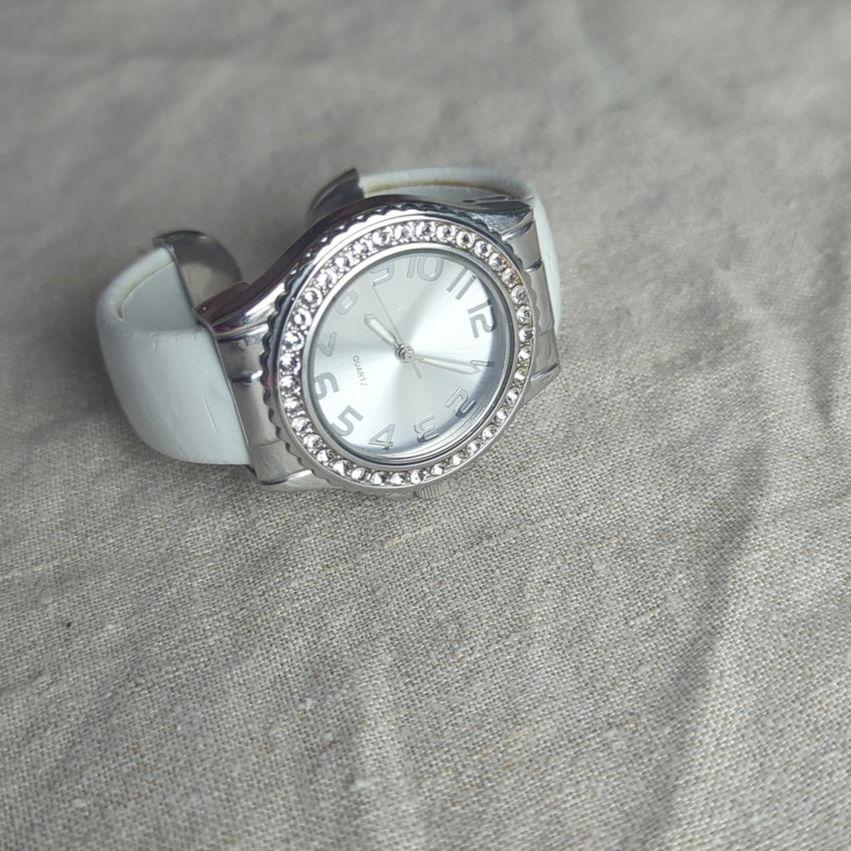 White Cuff Watch Rhinestone Bezel Statement Watch Oversized Face Fashion Watch