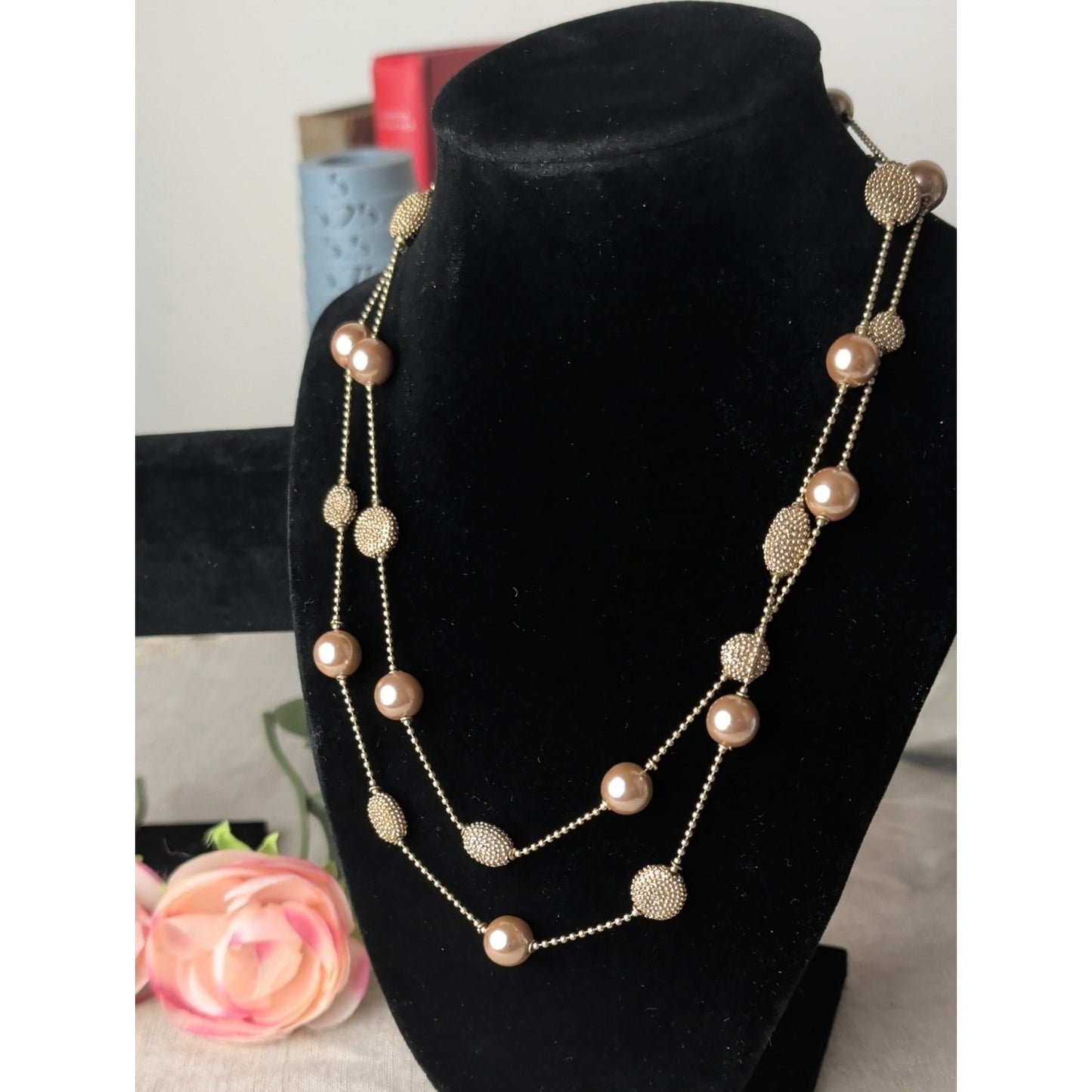 Vintage Kiam Family Gold and Champagne Faux Pearl Bead Layered Necklace
