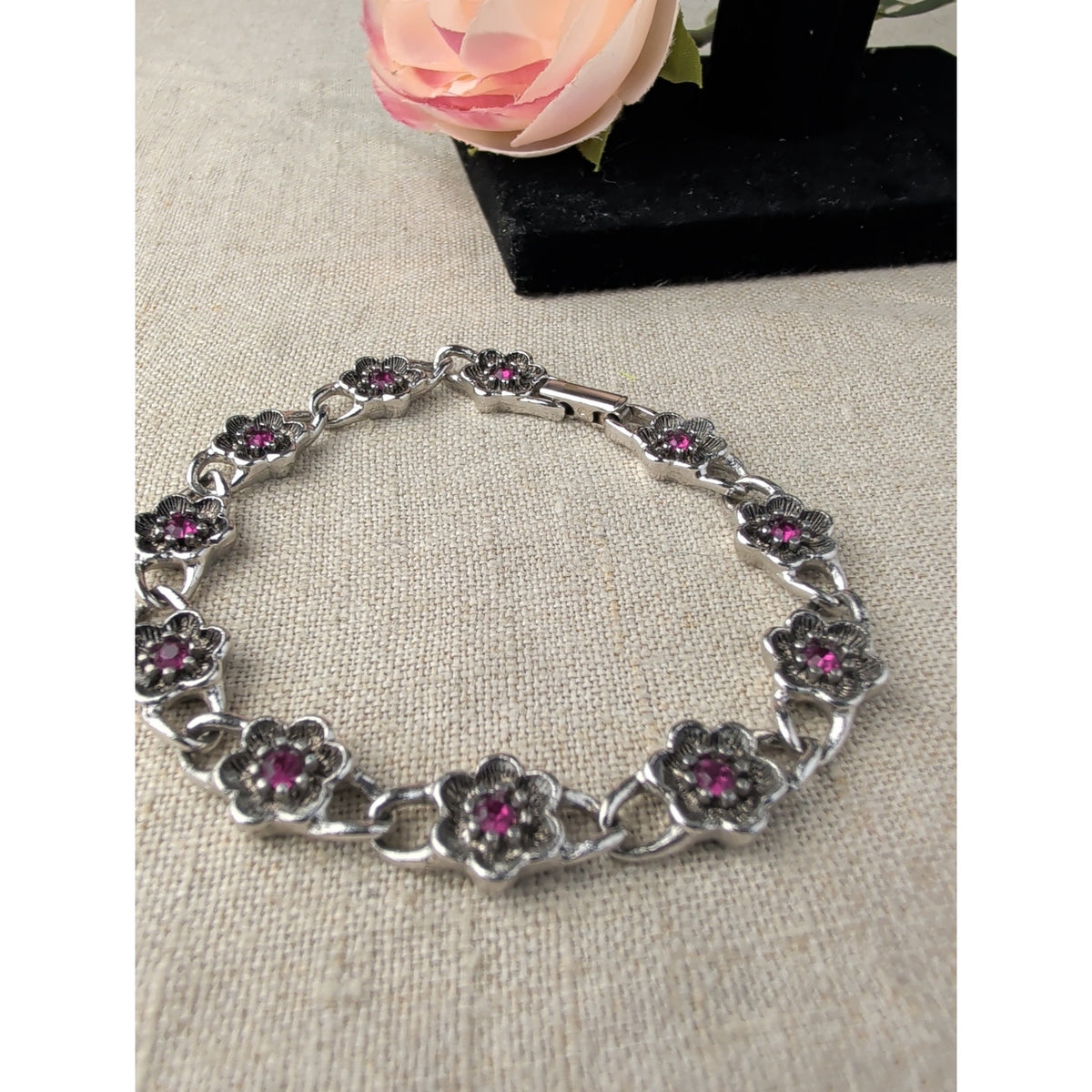 Avon Ornate Silver Tone Floral Bracelet Purple Glass Rhinestones