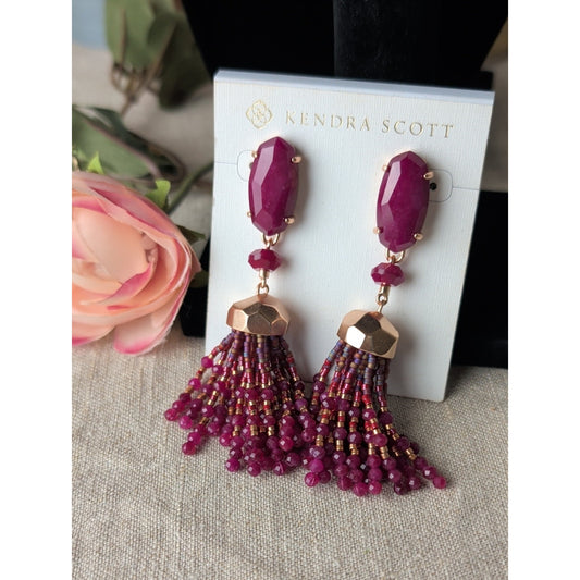 Kendra Scott Magenta Stone Tassel Earrings NWT Rose Gold Boho Luxe Statement