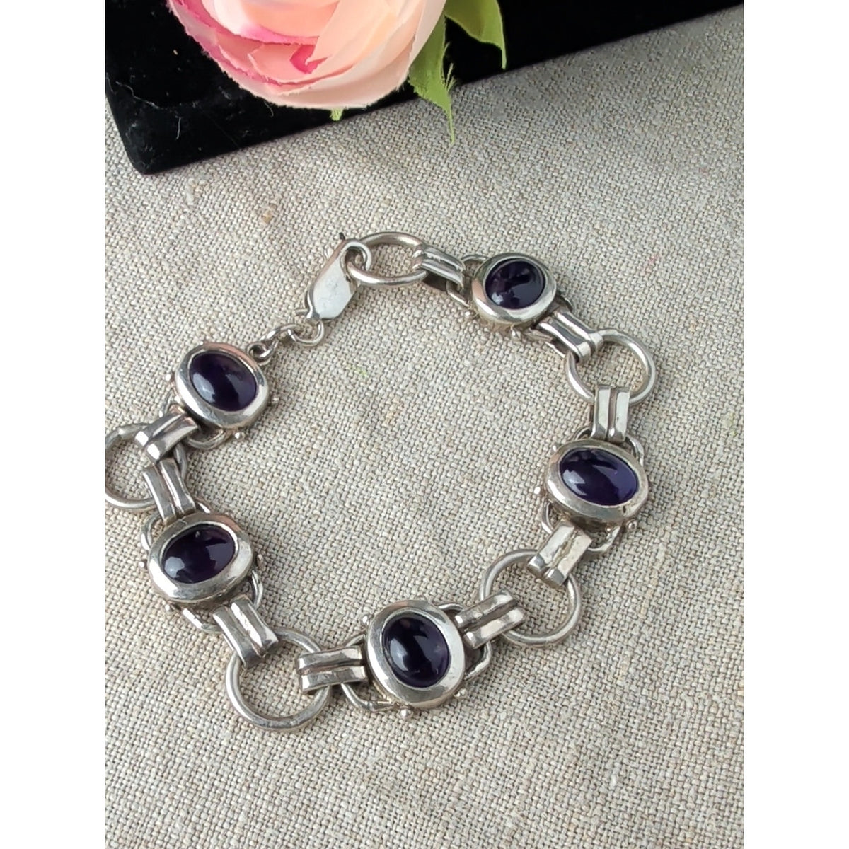 925 Sterling Silver Amethyst Bracelet Purple Cabochon Artisan 19g