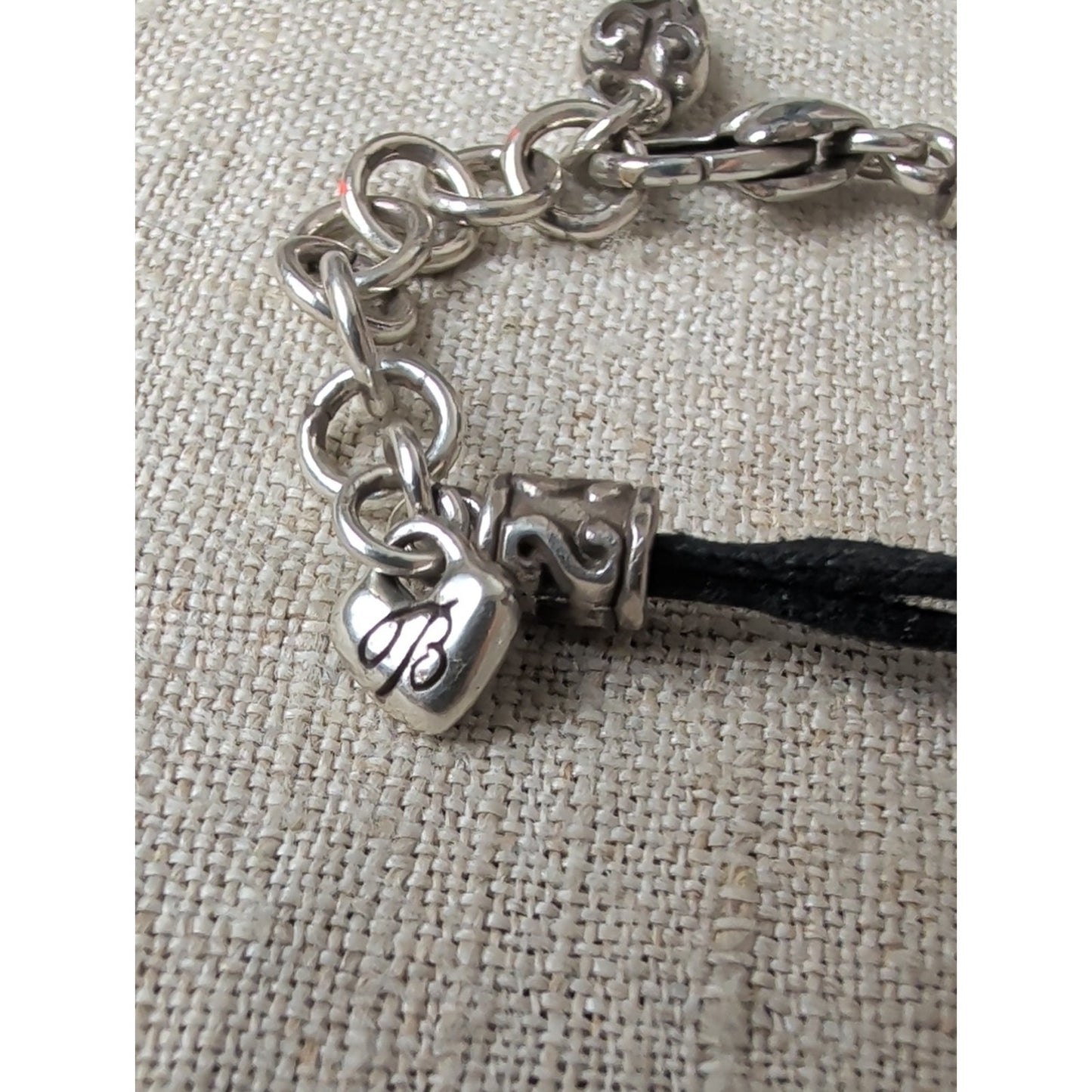 Brighton Silver Plated Scroll Pendant Black Cord Necklace + Floral Pouch