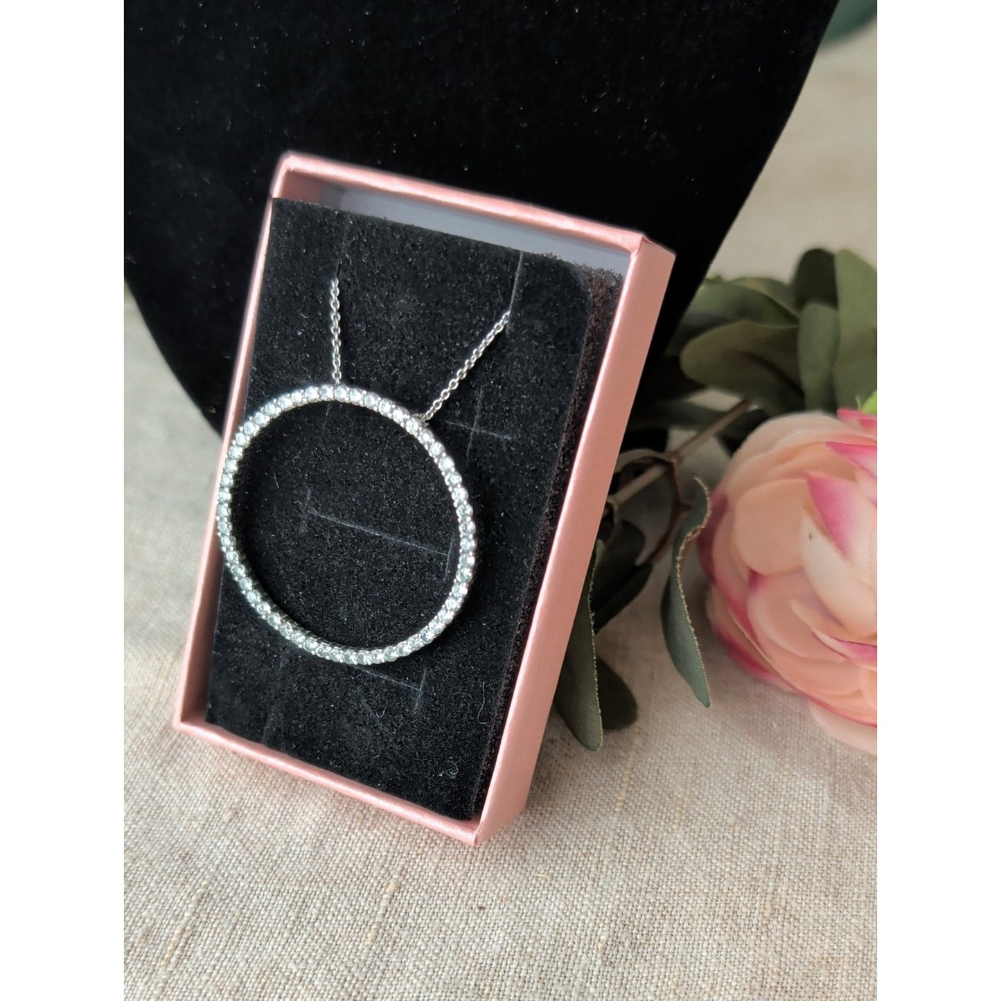 Sterling Silver CZ Circle Necklace 925  Pavé Eternity Karma Pendant Minimalist