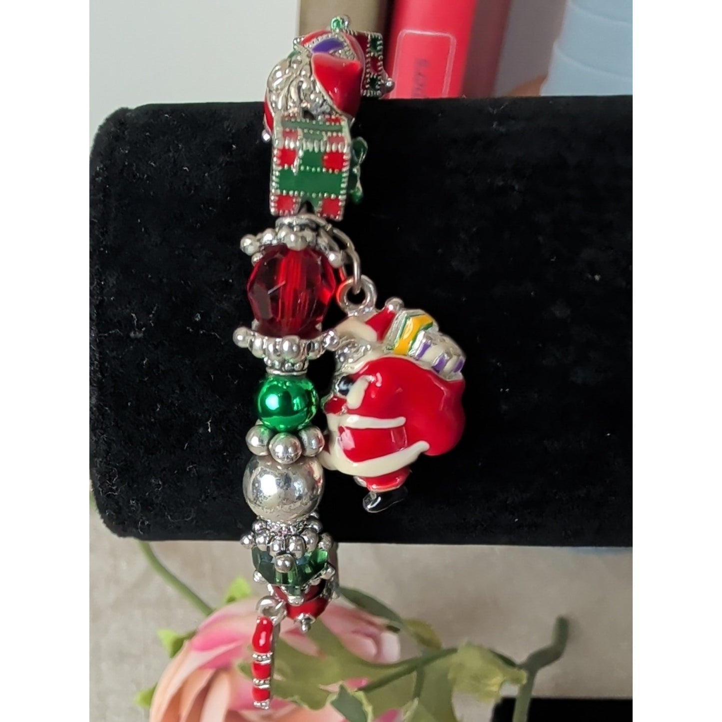 Vintage 80s Christmas Charm Bracelet Santa Tree Candy Cane Holiday Stretch