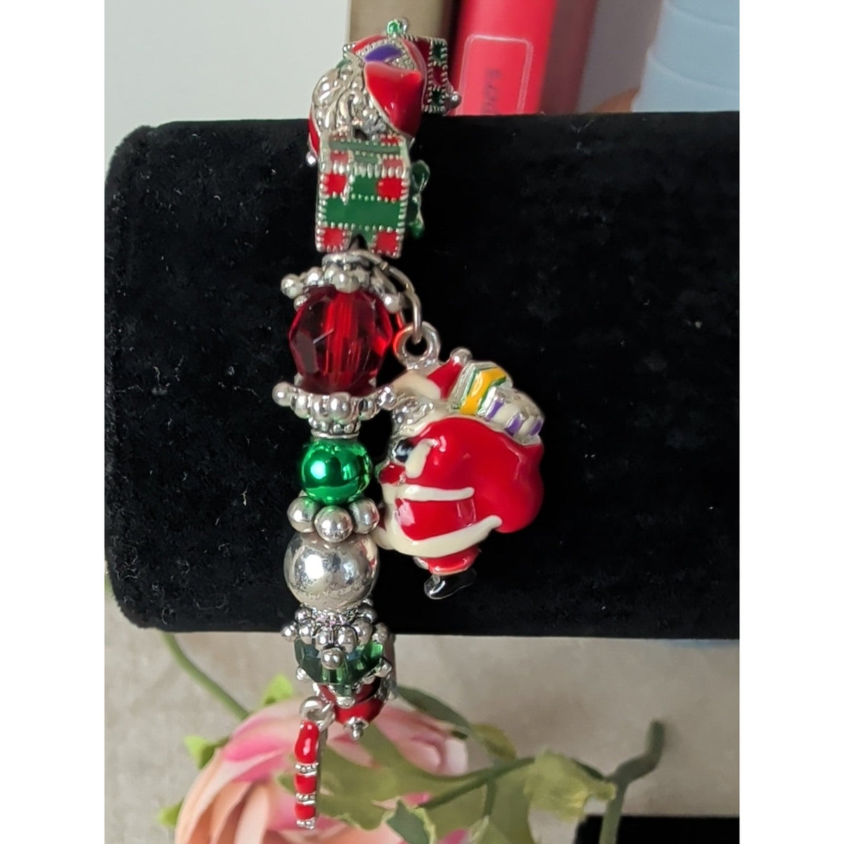 Vintage 80s Christmas Charm Bracelet Santa Tree Candy Cane Holiday Stretch