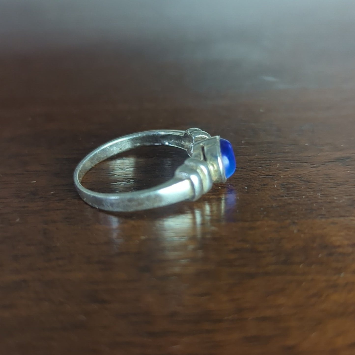 Vintage Sterling Silver Cat’s Eye Ring  Blue Chatoyant Glass Cabochon