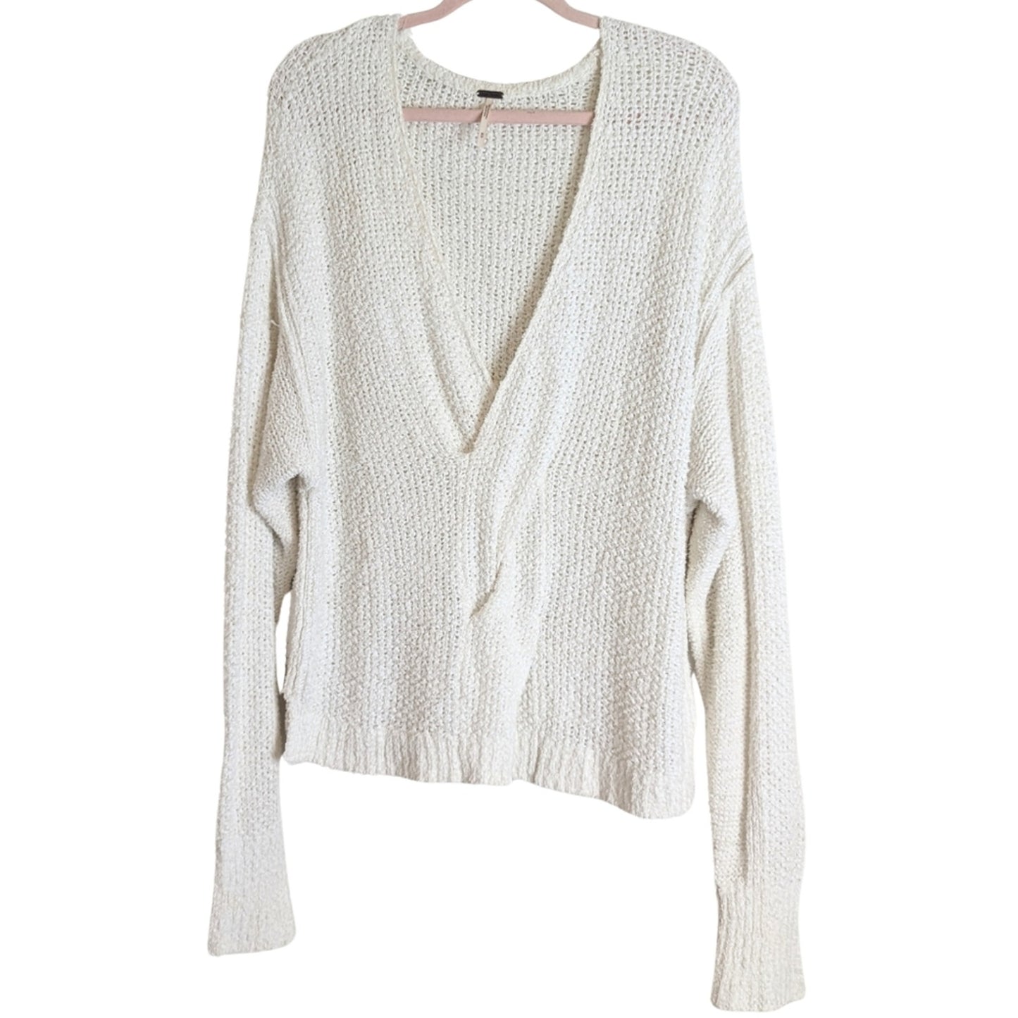 Free People Coco V neck White Waffle Knit Oversized Beach Casual Sweater Size M