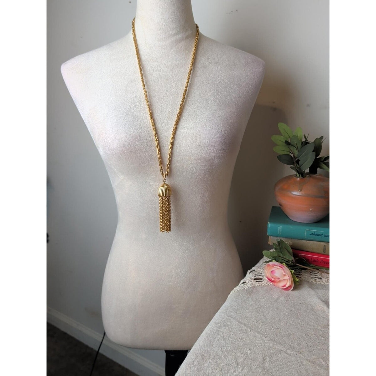 Vintage Monet Gold Tone Tassel Necklace Long Sautoir Statement Chain
