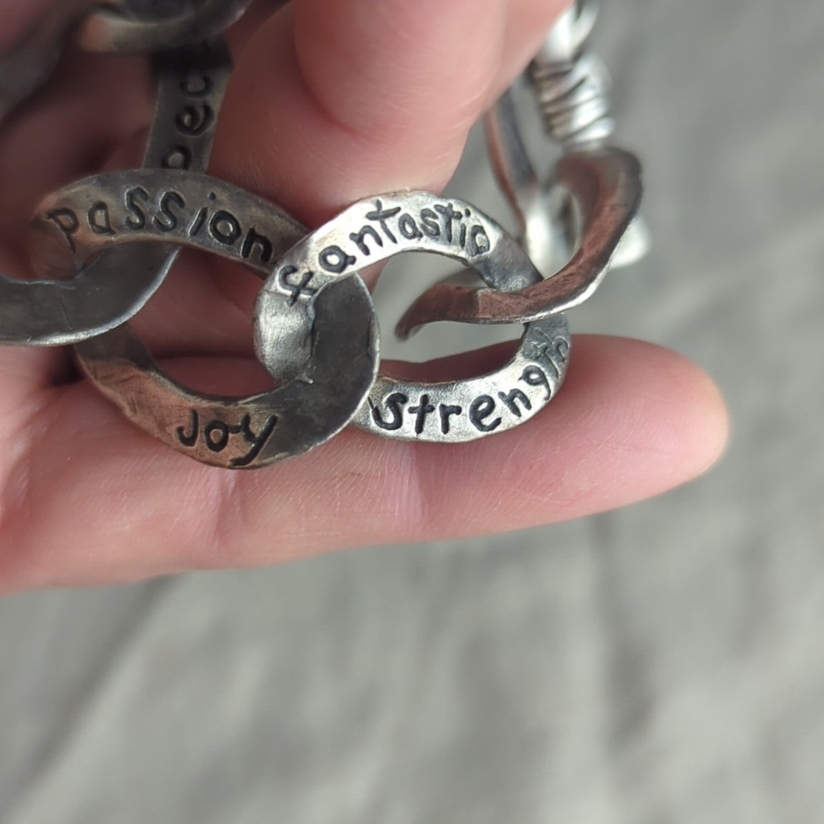 Vintage Pewter-Tone Inspirational Link Bracelet Hand-Stamped Word Jewelry Art