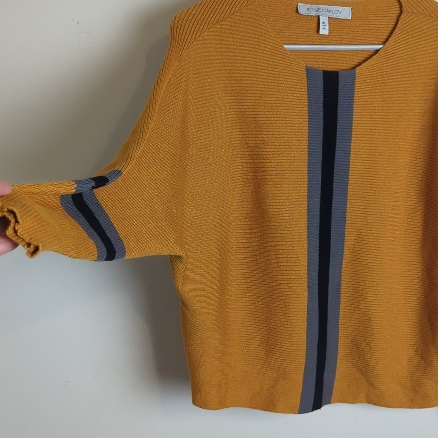 Mustard Yellow Stretch Jersey Ribbed Knit Sweater Women's Size XL