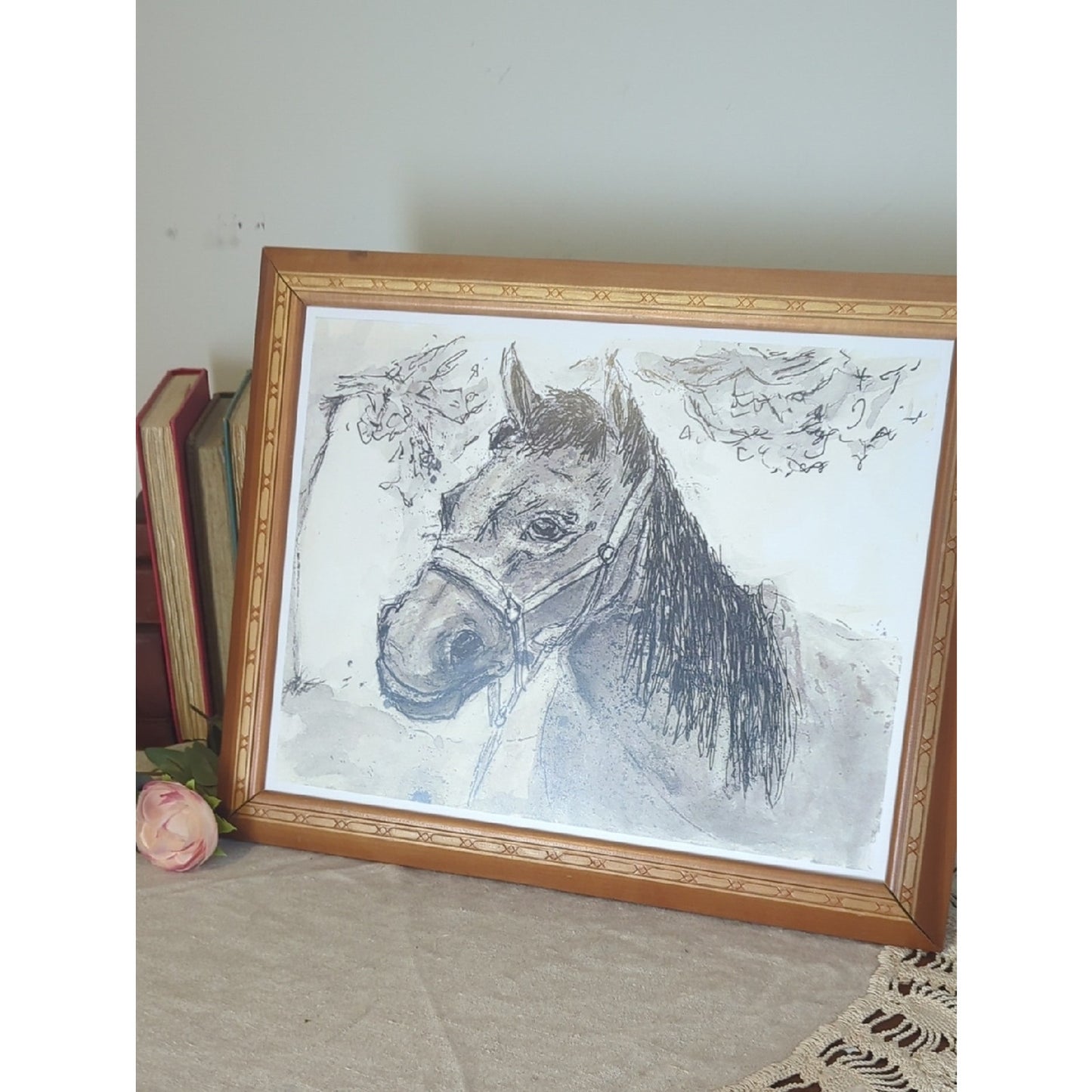 Framed Equestrian Horse Art Print, Neutral Rustic Study Vintage Style Wood Frame