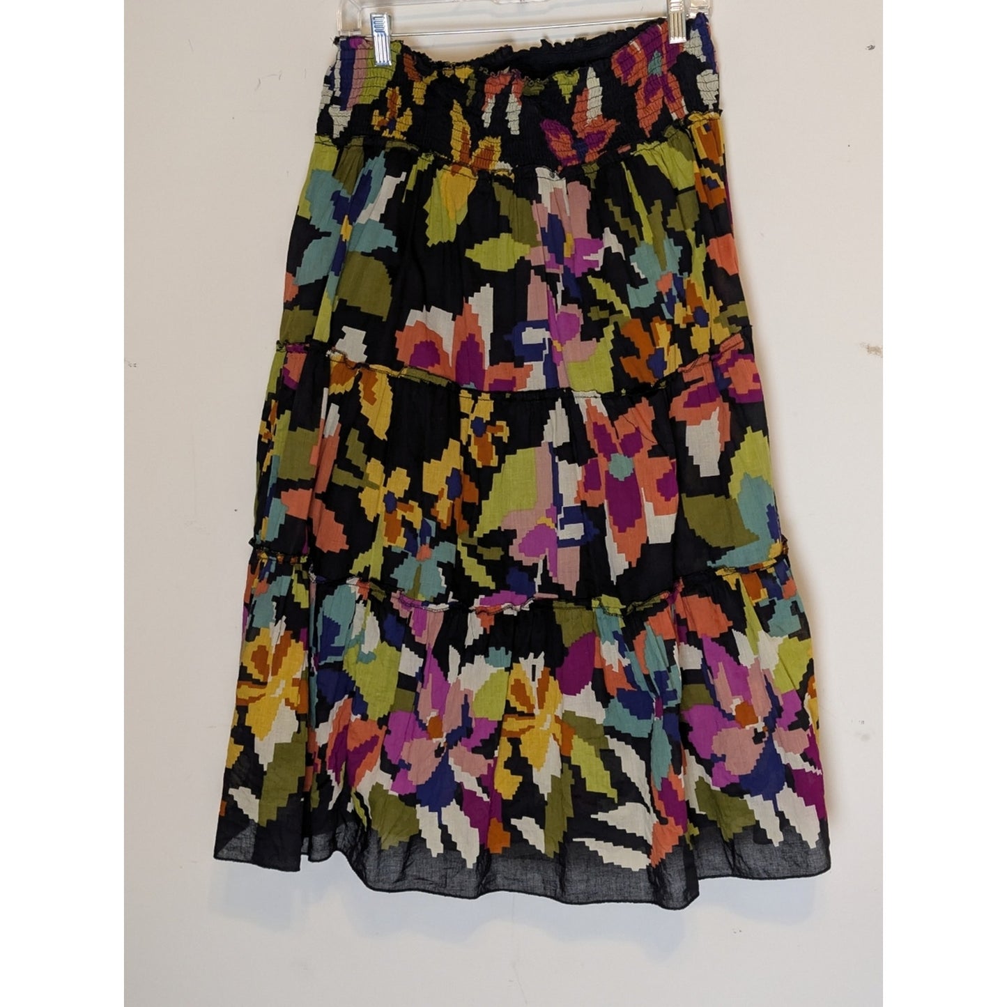Vintage Boho Tiered Midi Skirt  Smocked Waist Abstract Floral Cotton Large