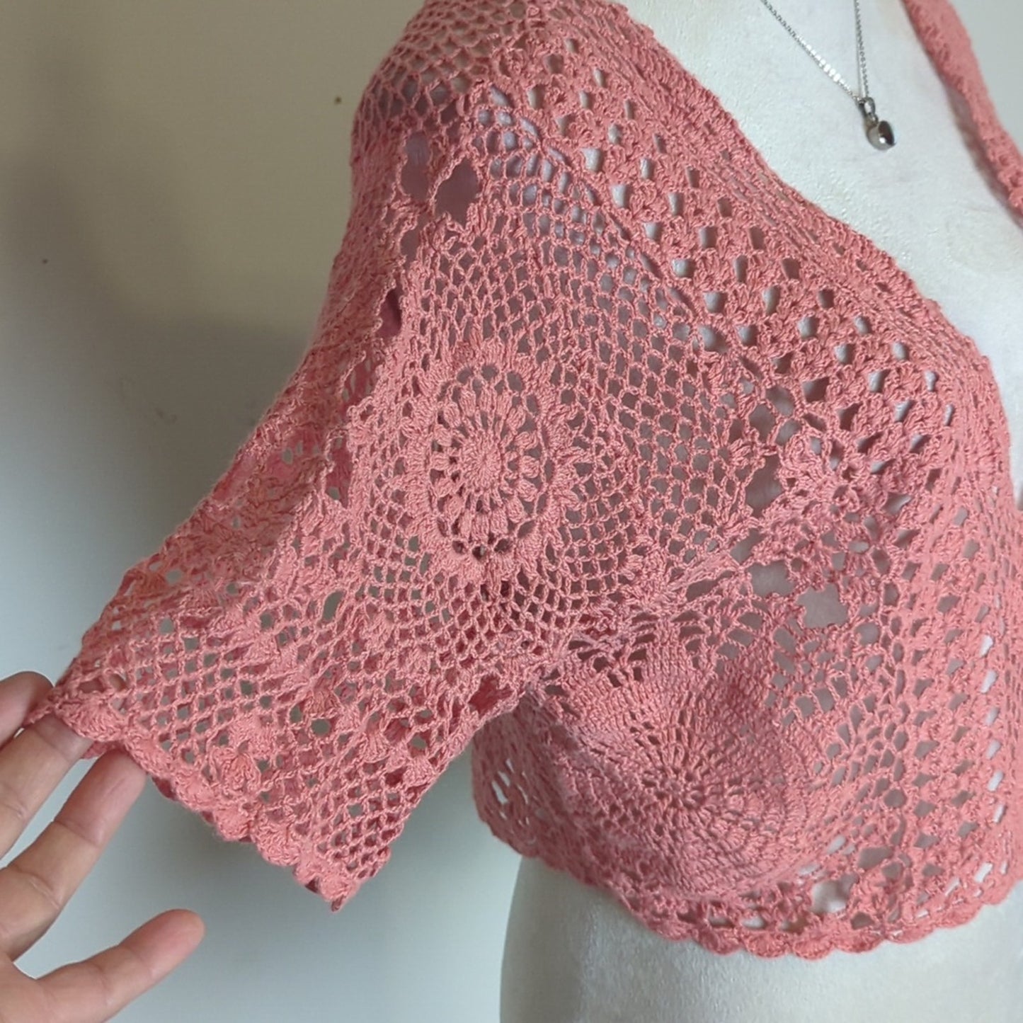 Vintage Crochet Cardigan Top Cropped Open Knit Dusty Rose Romantic Coquette