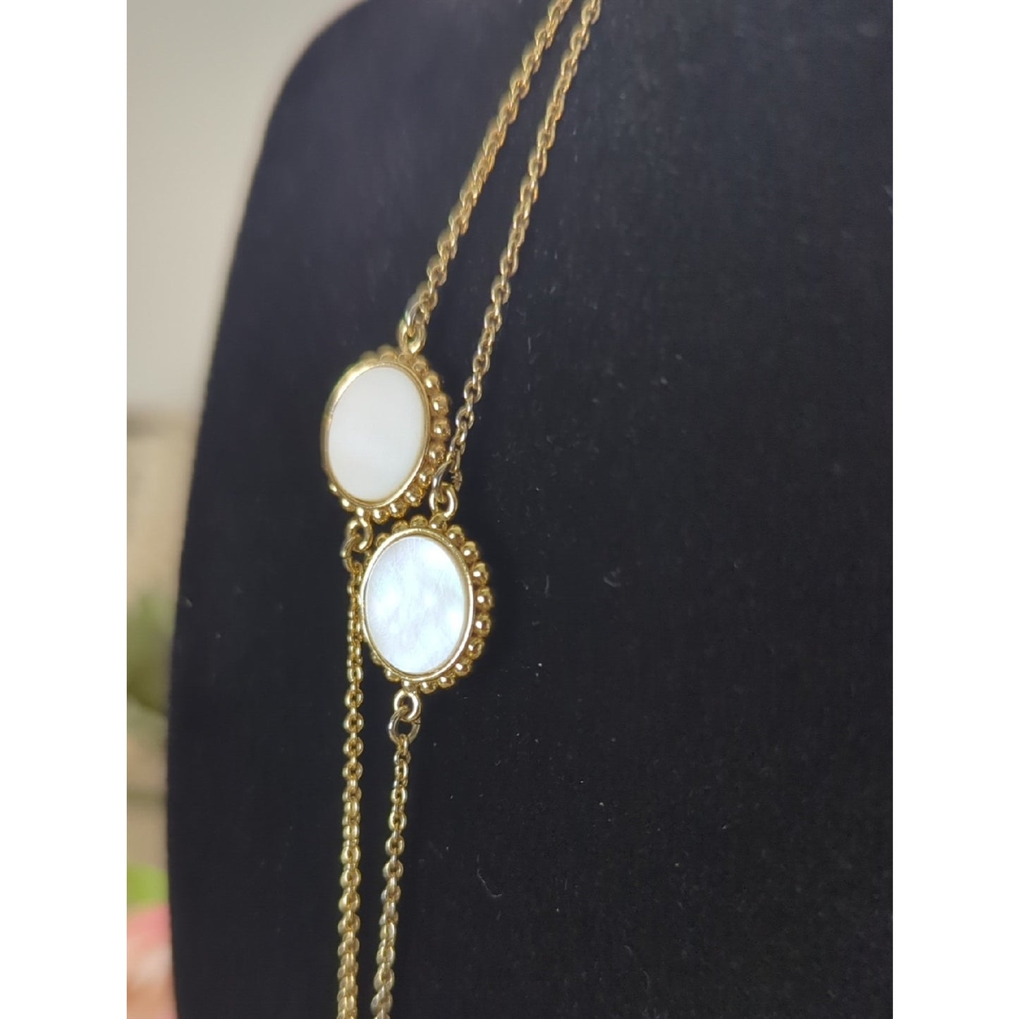 Mother of Pearl Long Layered Gold Necklace, Iridescent Shell Station Coastal