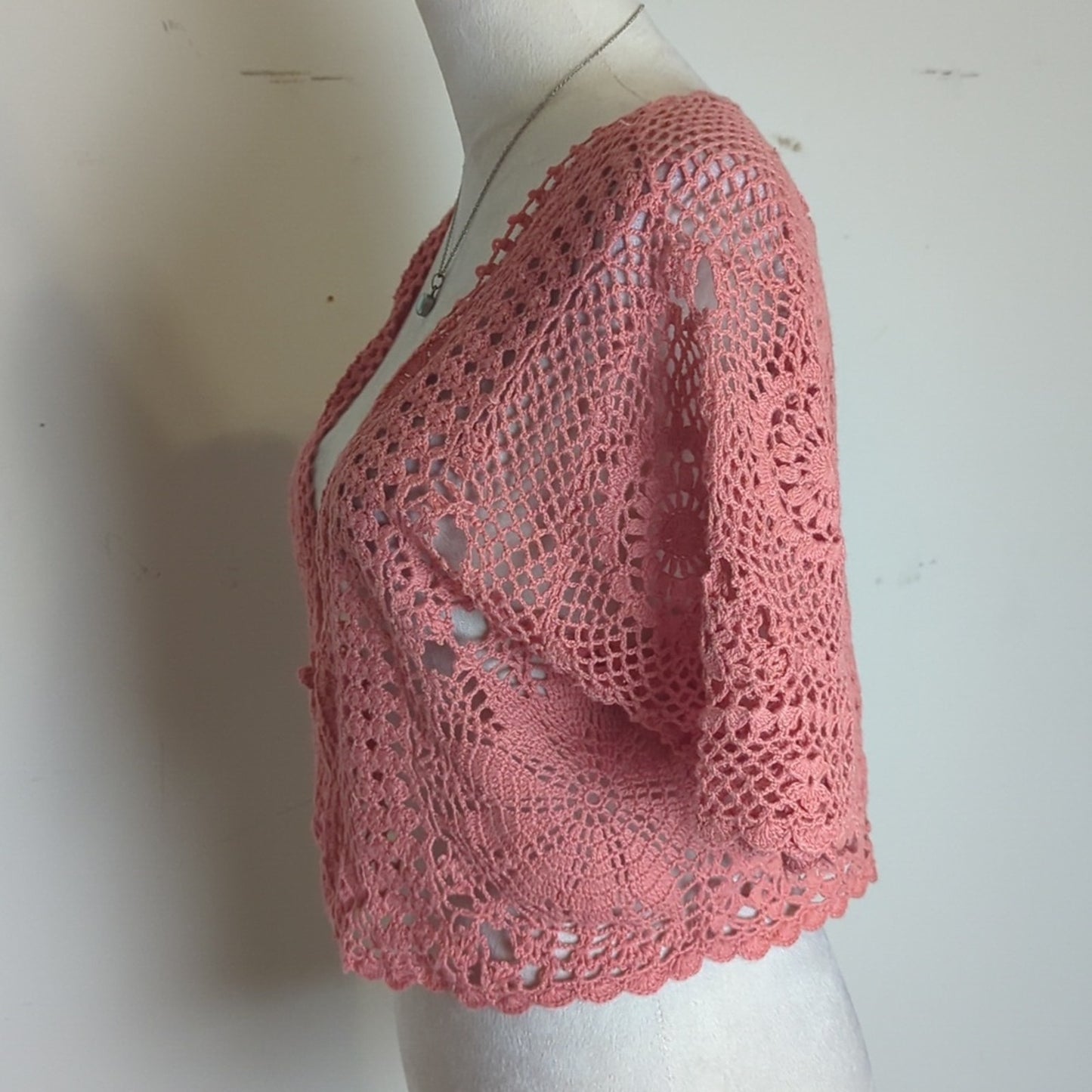 Vintage Crochet Cardigan Top Cropped Open Knit Dusty Rose Romantic Coquette