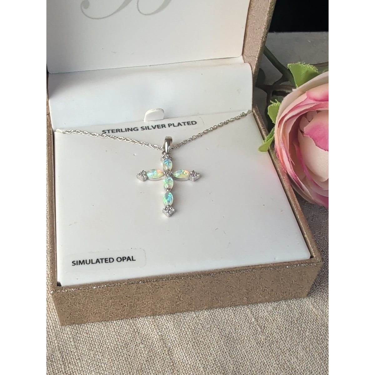 Brilliance Fine Jewelry Simulated Opal Cross Necklace Sterling Silver Plated