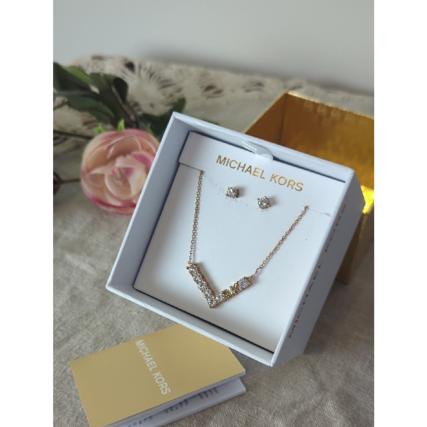 Michael Kors Rose Gold Necklace & Earrings Set  Crystal MK Pendant Jewelry