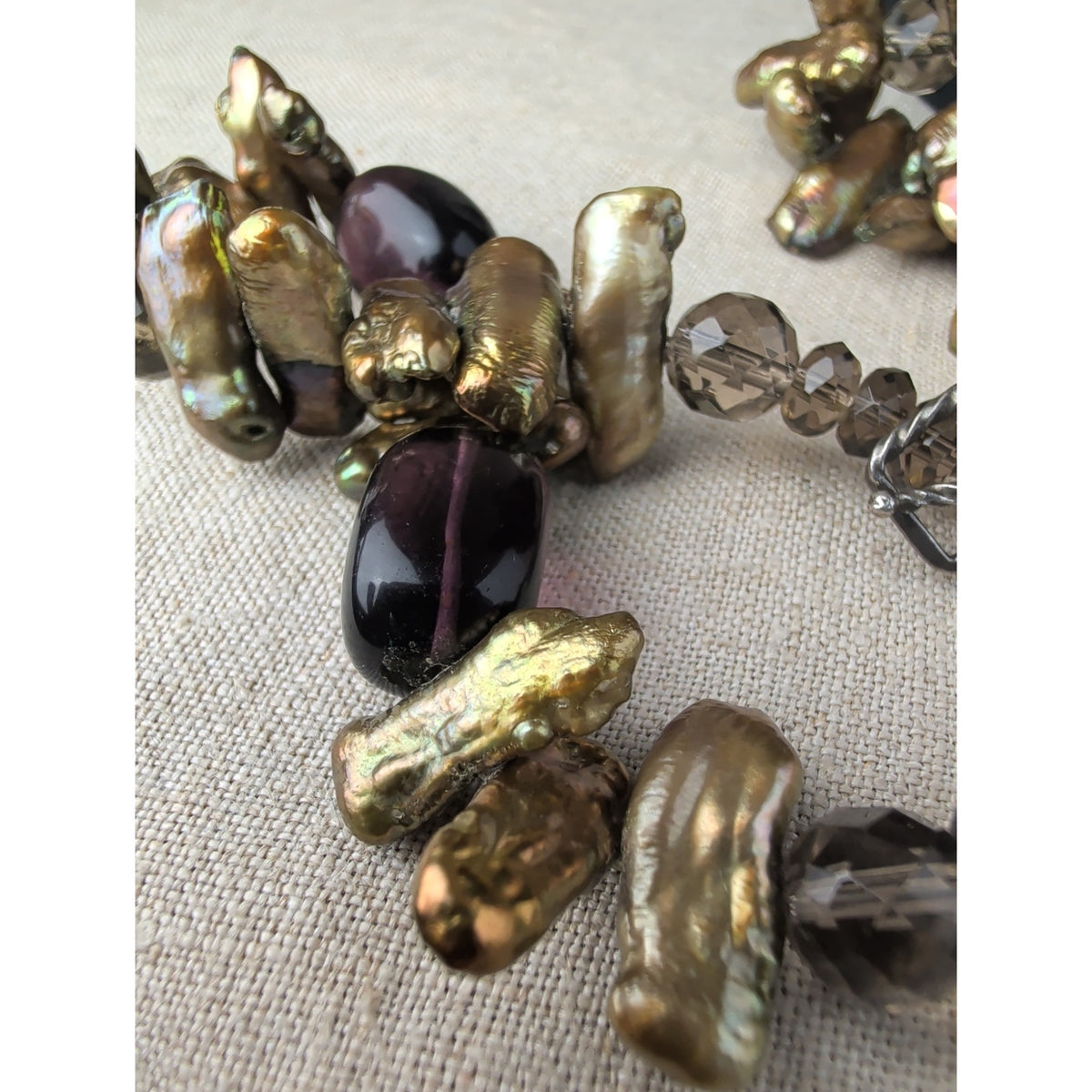 Vintage Mexican Sterling Silver Artisan Necklace, Inlay Abalone Shell Pendant, Iridescent Stick Pearl & Purple UV  Glass Beads, Signed DE 925