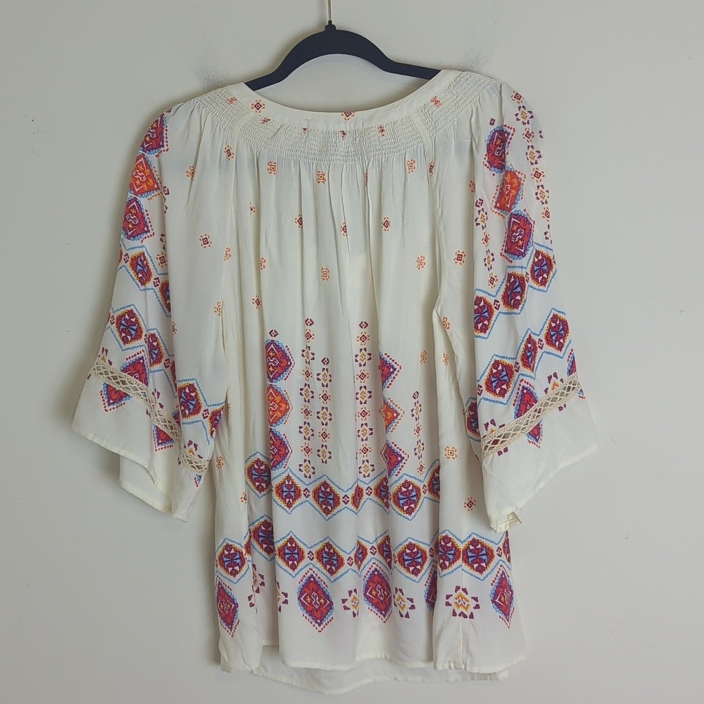 Boho Lightweight Pull Over Top With Crochet Lace Smocked Details Medium
