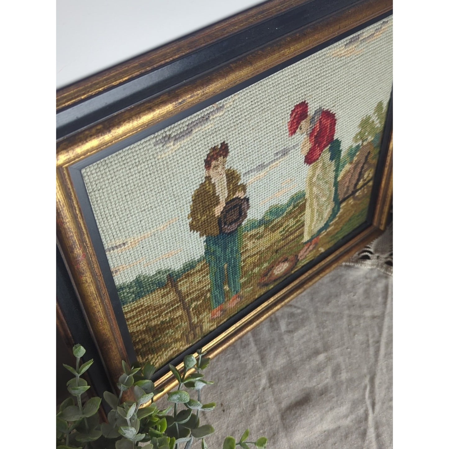 1960s Vintage Handmade Needlepoint Prayerful Farm Couple After Artist Millet