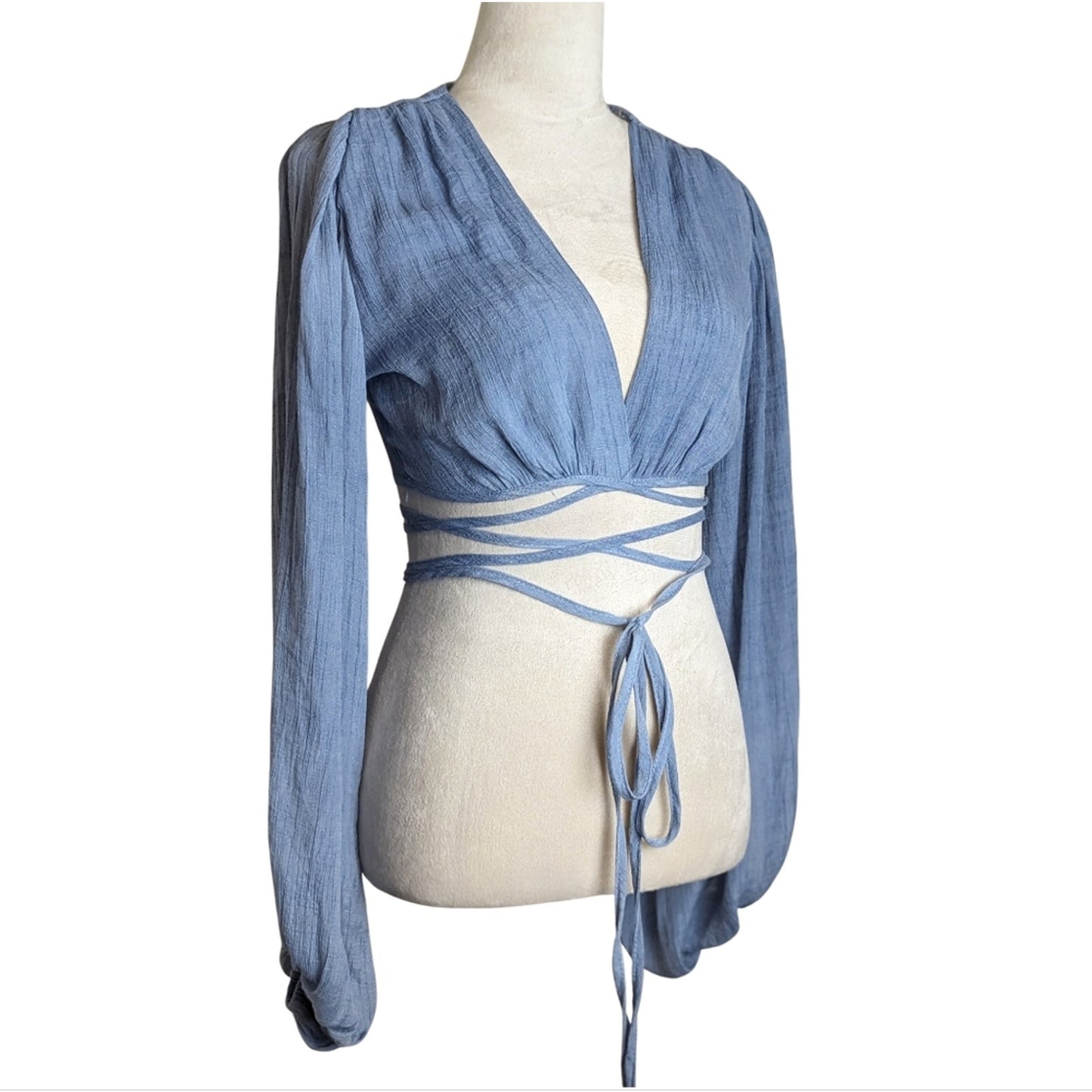 Festival Long Balloon Sleeve Wrap Crop Top Gauzy Knit Women's Size S