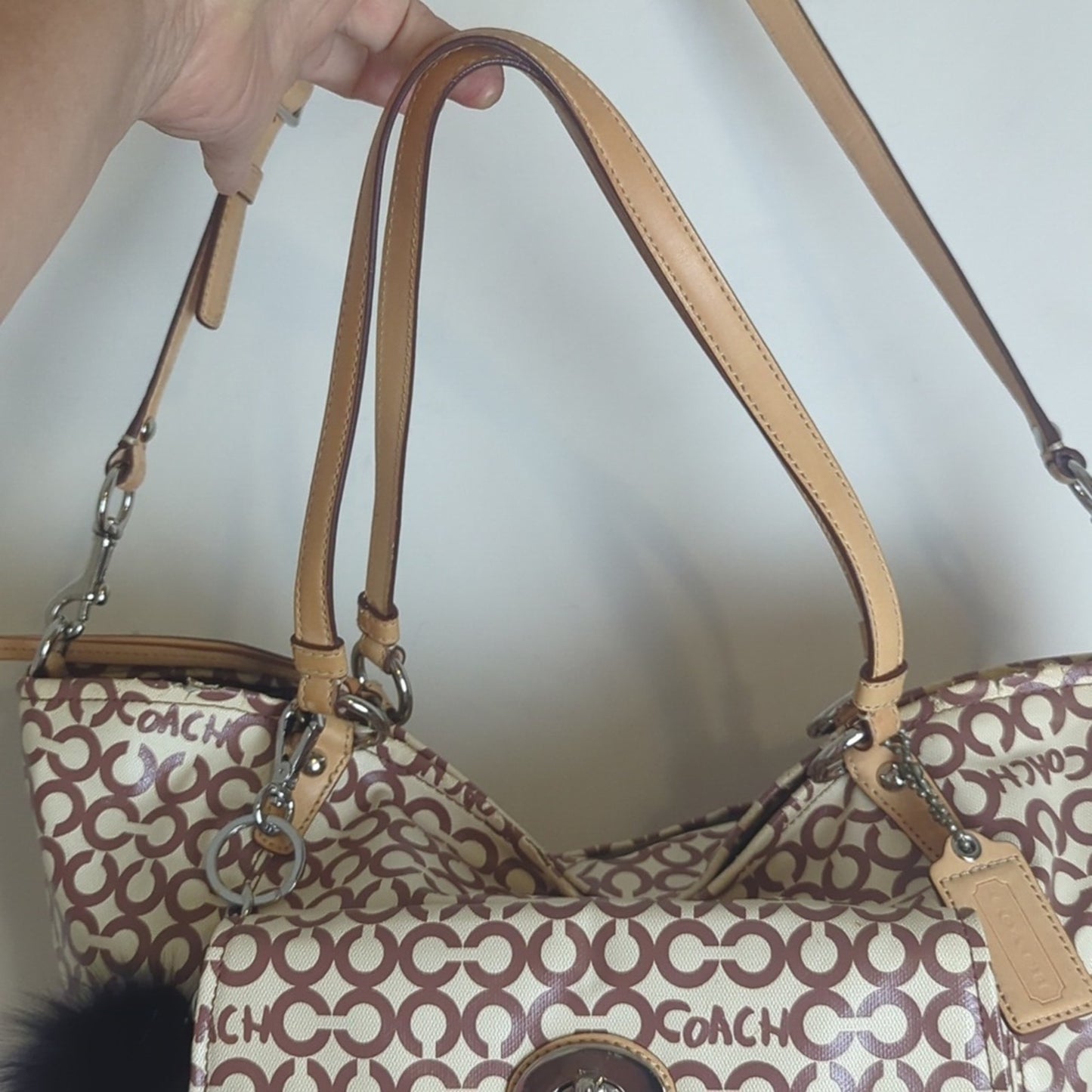 Coach "Leah" Coated Canvas Hobo Large Crossbody Tote Bag Two Bag Charms
