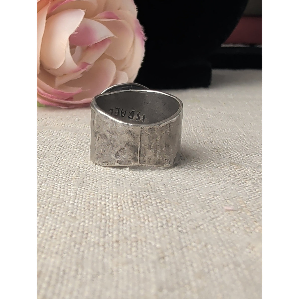Vintage Didae Shablool Israel Sterling Silver Statement Pearl Ring, Wide Hammered Band Sz 6.25