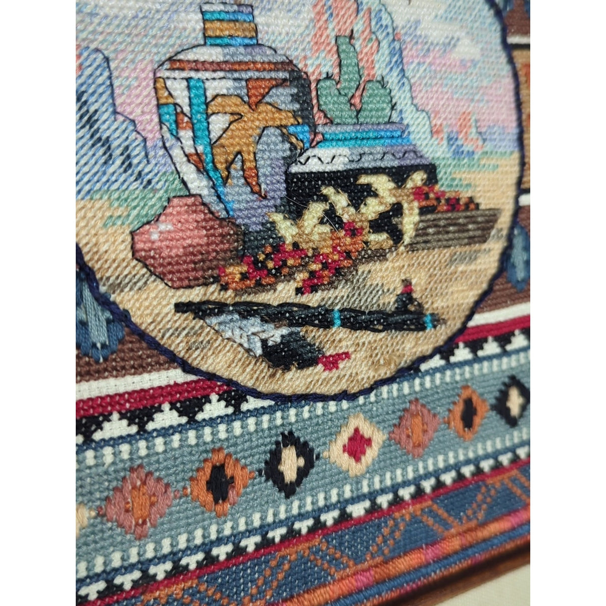 Vintage Southwestern Needlepoint Art Desert Still Life Pottery Scene 11x13