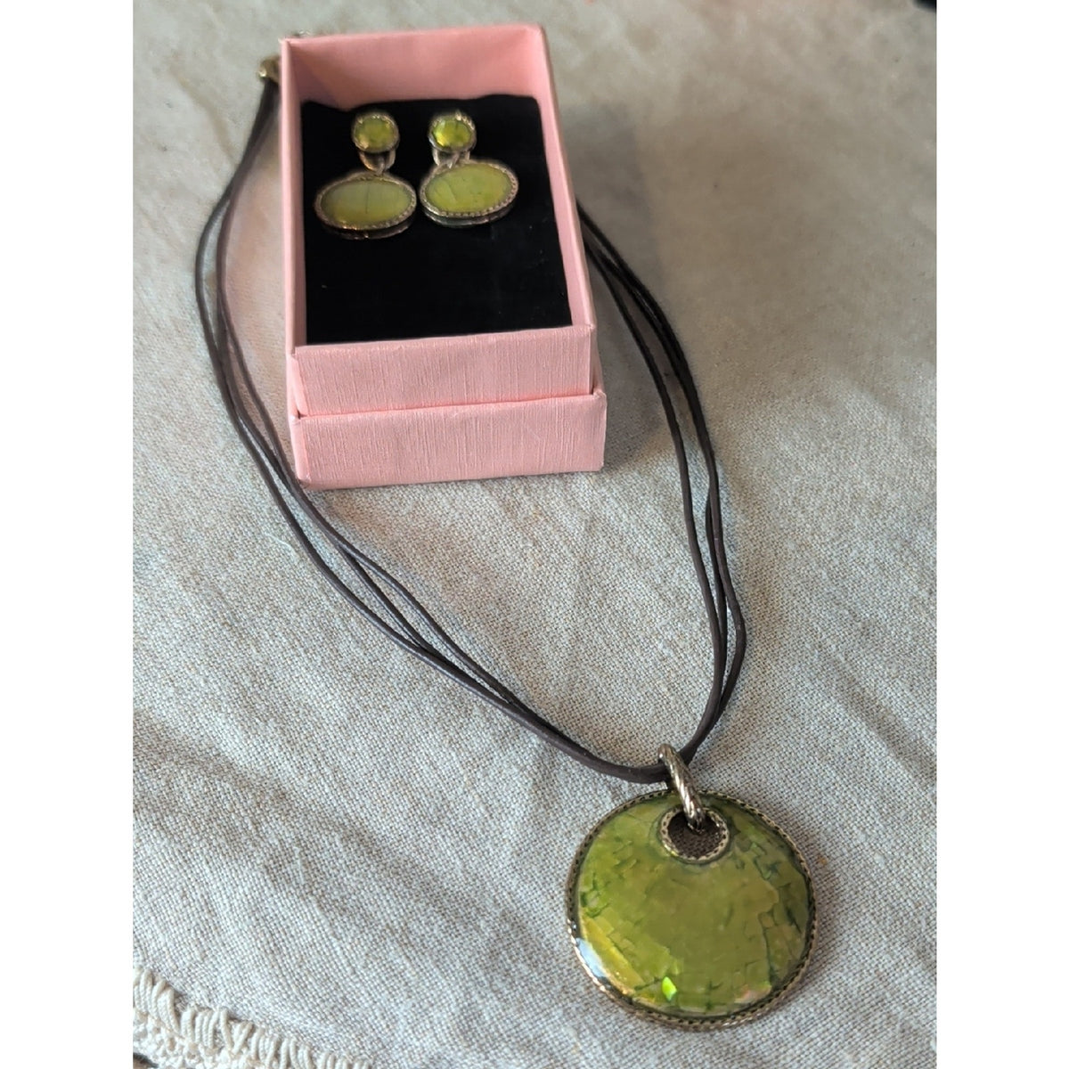 Vintage Monet Shell Mosaic Pendant Necklace & Matching Clip Earrings Set