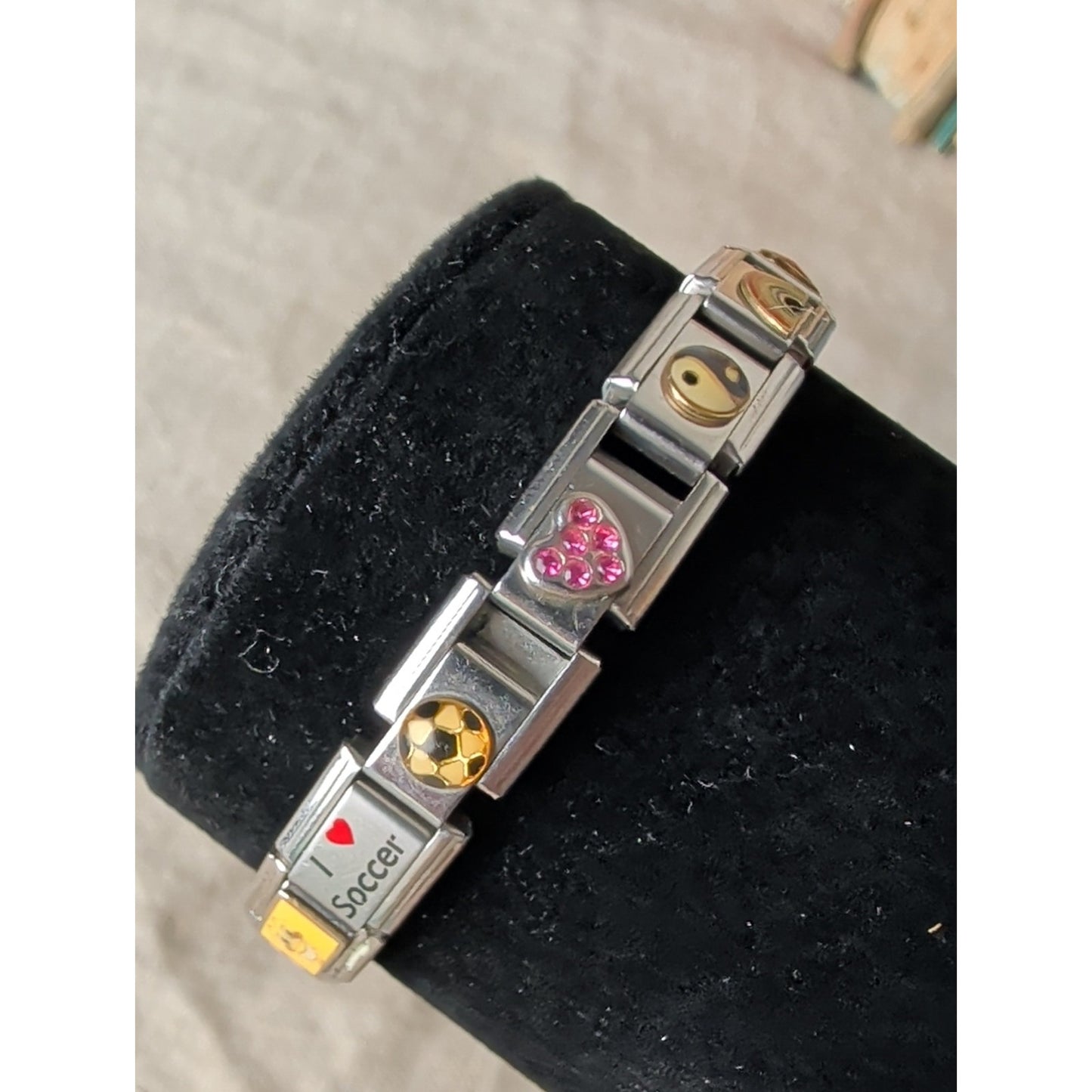 Y2K Essenza Italian Charm Link Bracelet Rainbow Yin Yang Soccer Stainless Steel