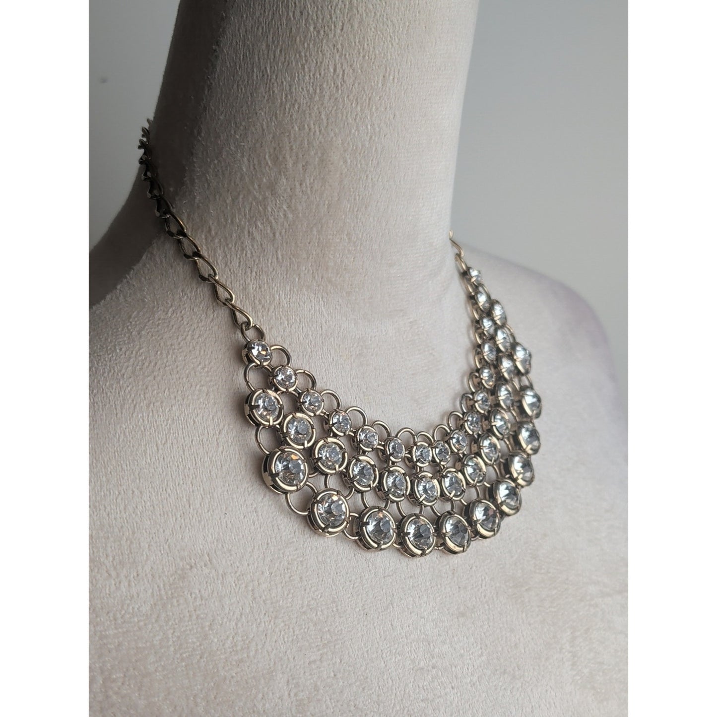 Vintage Crystal Multi-Row Statement Necklace - Gold Tone Glam