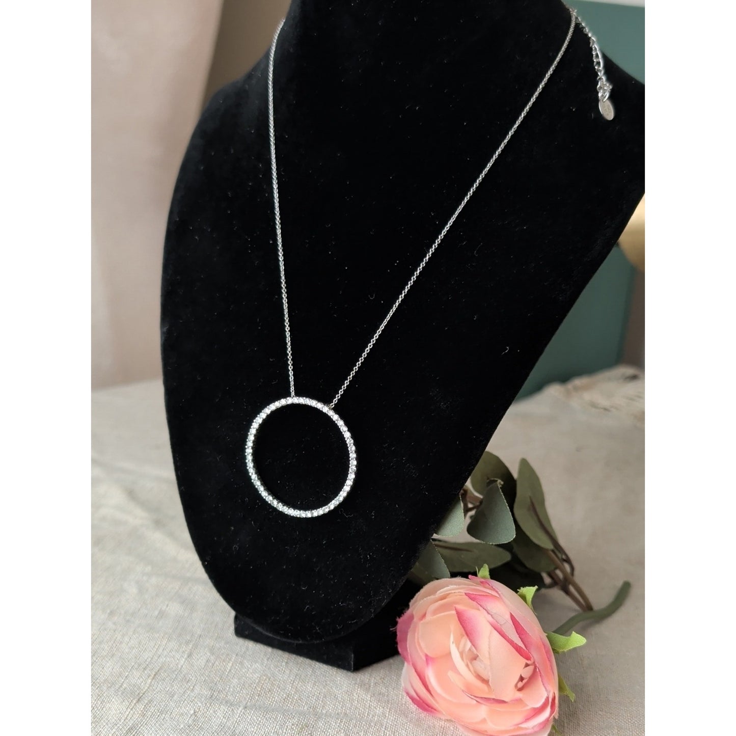 Sterling Silver CZ Circle Necklace 925  Pavé Eternity Karma Pendant Minimalist