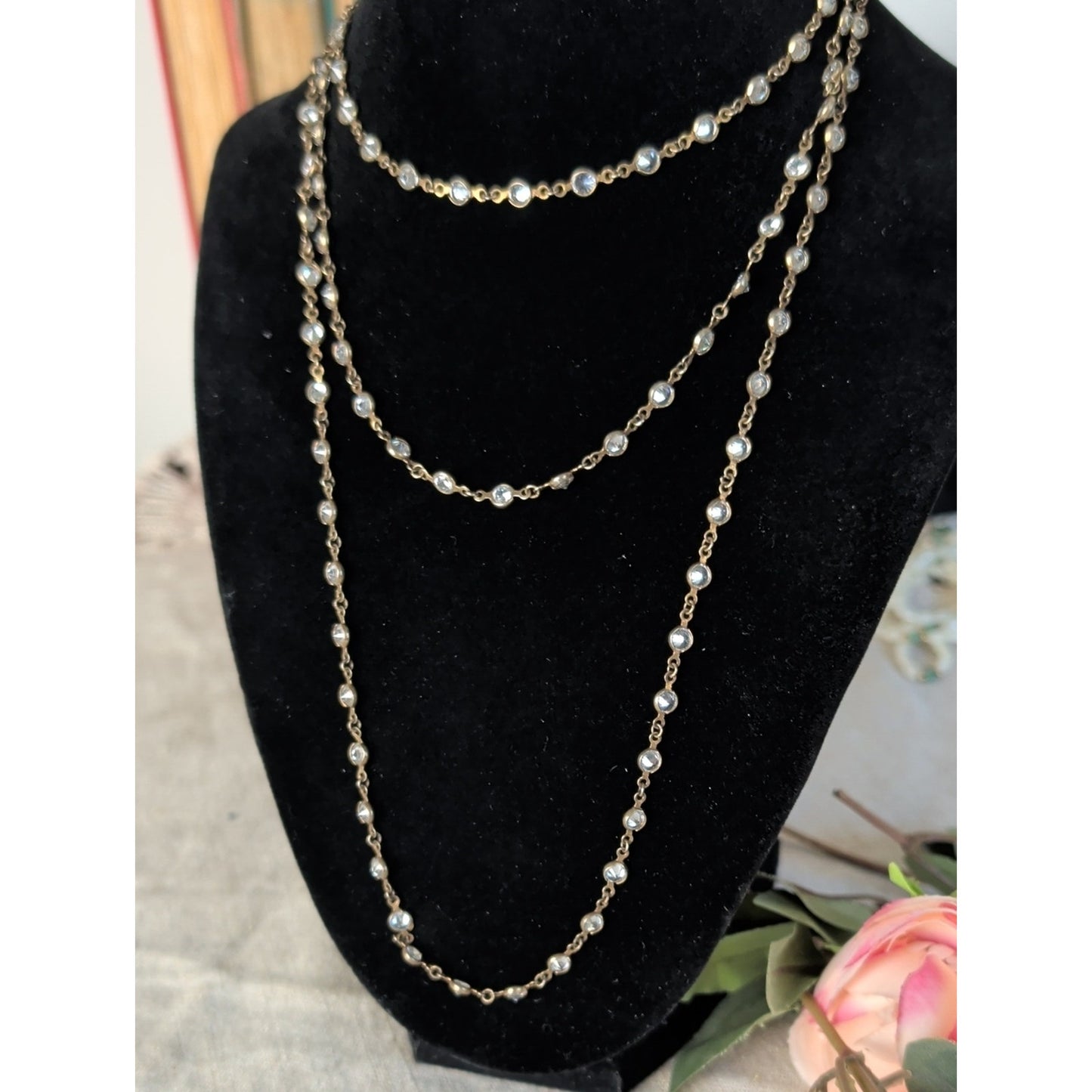 Alainn CZ Gold Tone Opera Necklace  Bezel Set Crystal Station Chain Layering