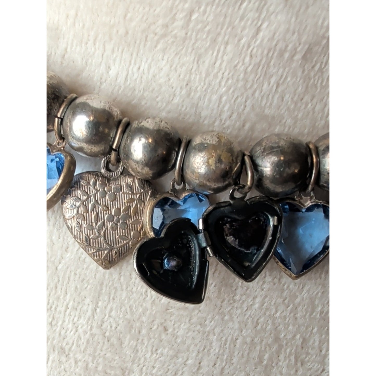 Vintage Artisan Heart Charm Necklace Sterling Accent Blue Faceted Glass
