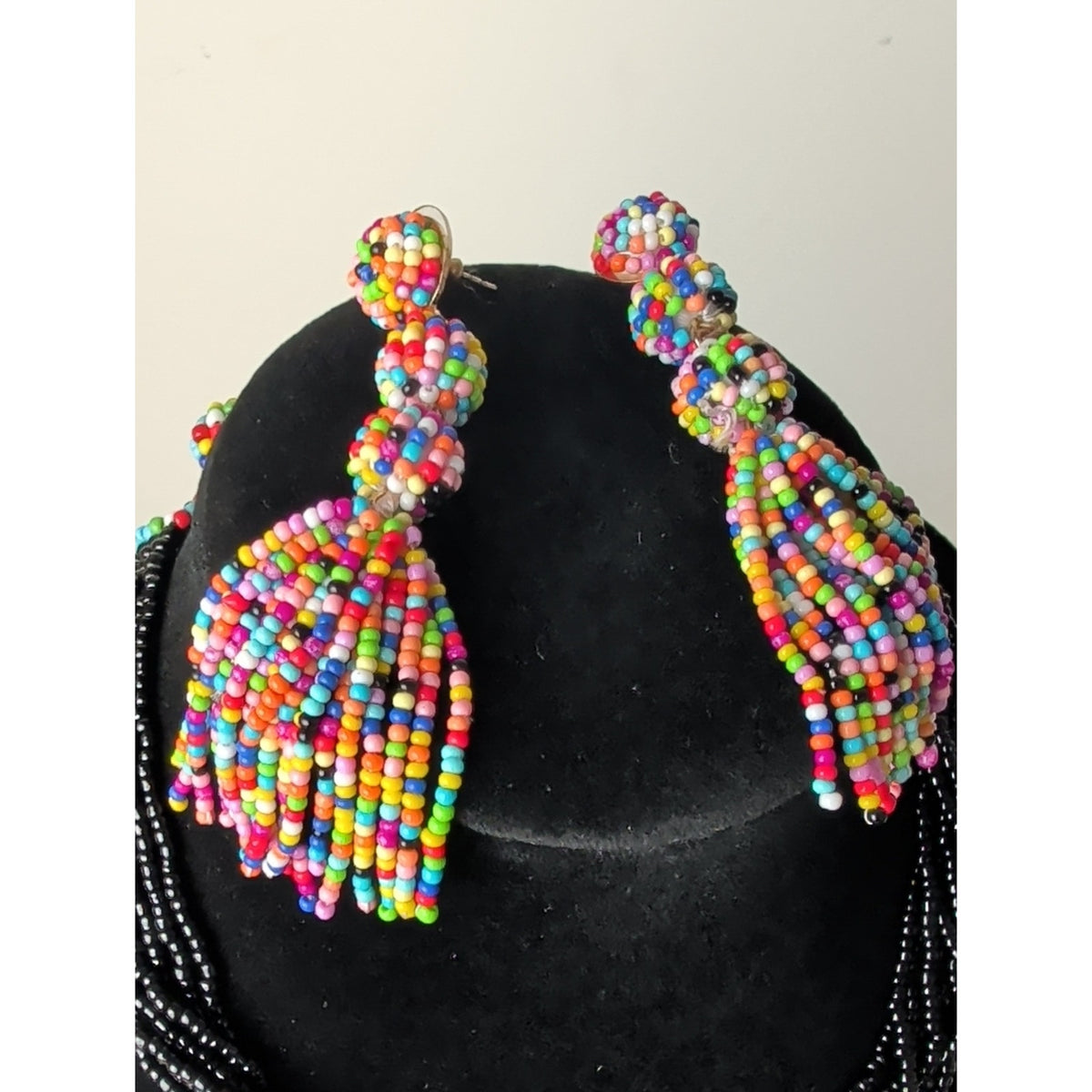 Colorful Seed Bead Statement Earrings Rainbow Tassel Boho Festival Artisan Style