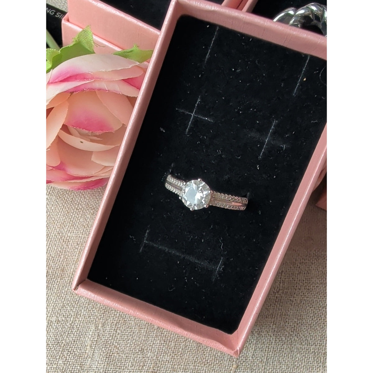 925 Sterling Silver Glass Solitaire Ring with CZ Accents Engagement Style