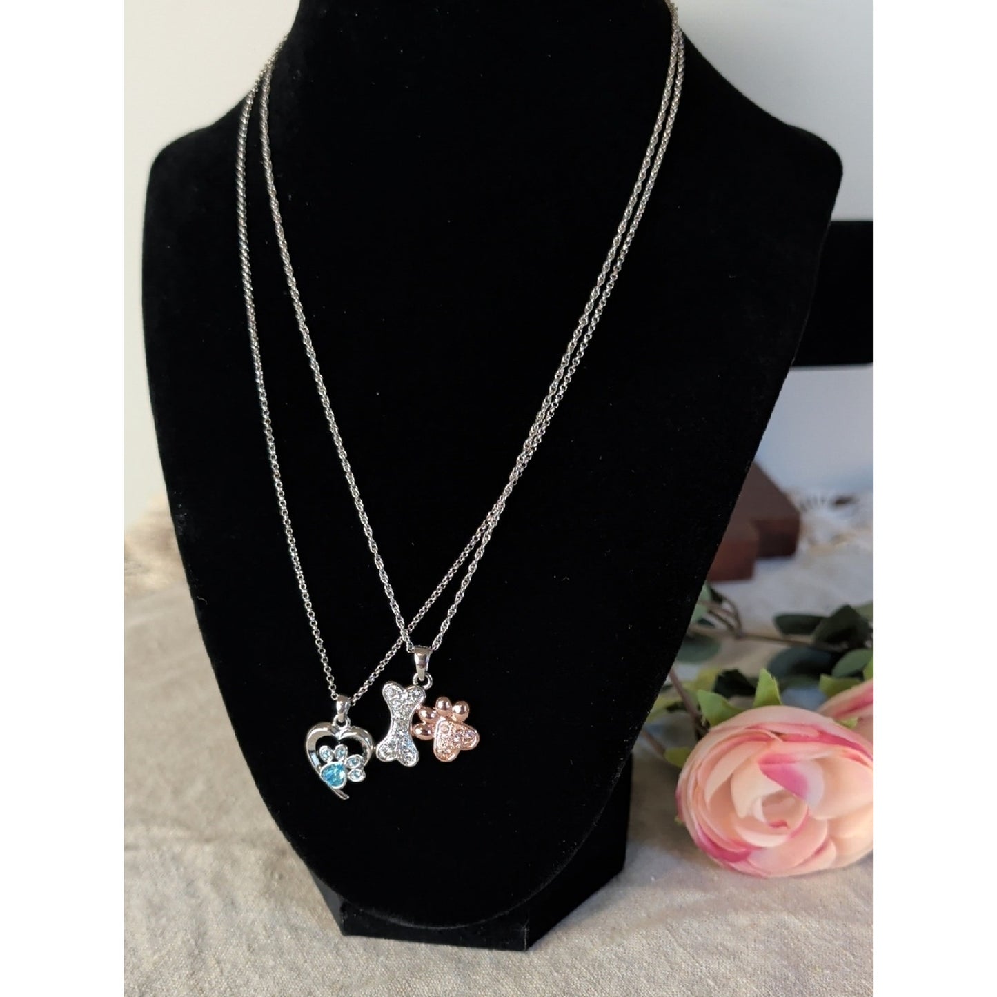 Two FAC Crystal Pet Lover Necklaces  Dog Bone, Paw Print & Heart Pendants
