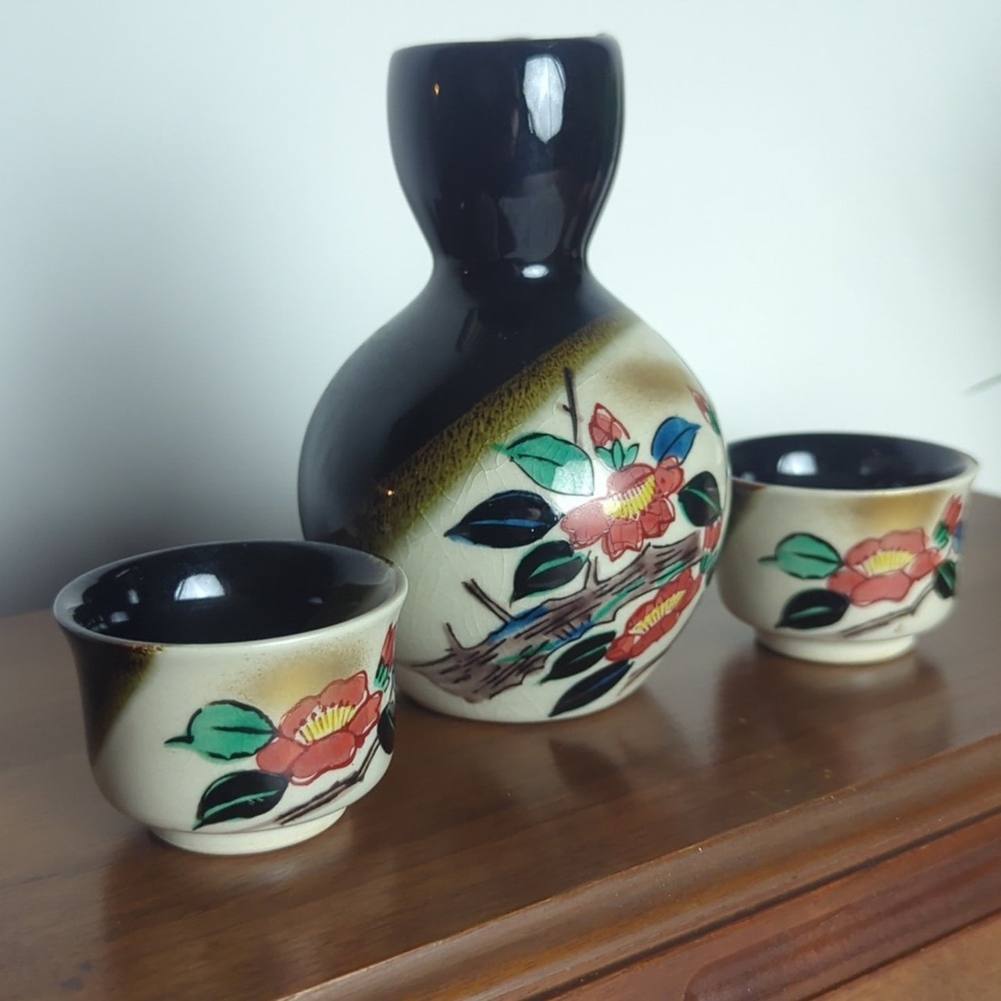 Vintage Japanese Sake Set | Hand Painted Tokkuri Bottle + 2 Ochoko Cups