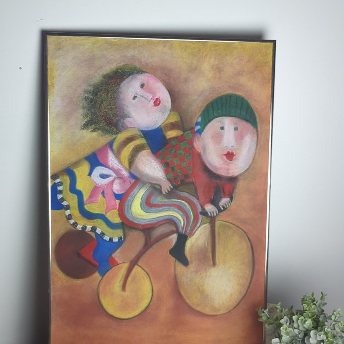 Large Textured Folk Art Painting Couple on Tricycle Whimsical Textured Art