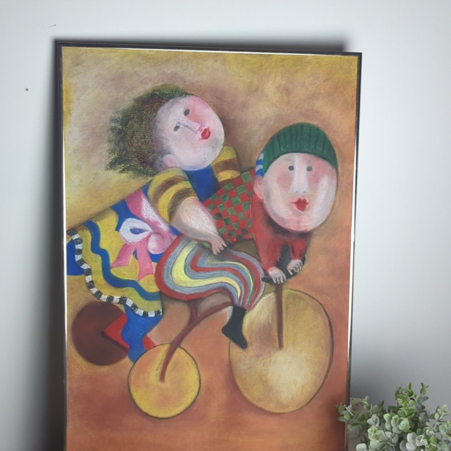 Large Textured Folk Art Painting Couple on Tricycle Whimsical Textured Art
