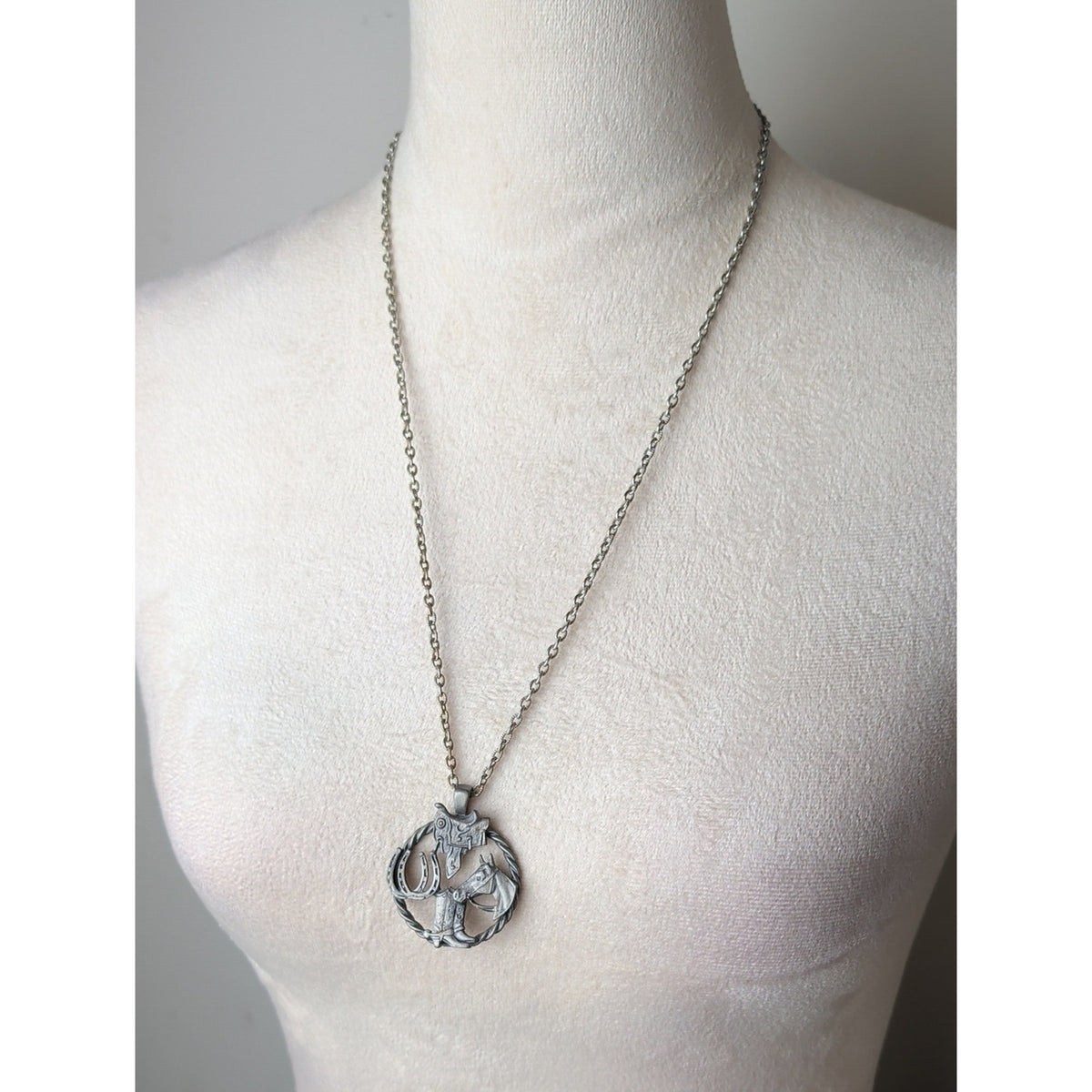 Western Horse Necklace Cowboy Boots Saddle Horseshoe Pewter Tone Pendant