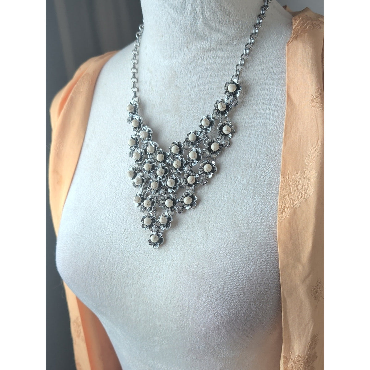 Victorian Style Floral Bib Necklace Antique Silver Tone Rhinestone Dark Romantic