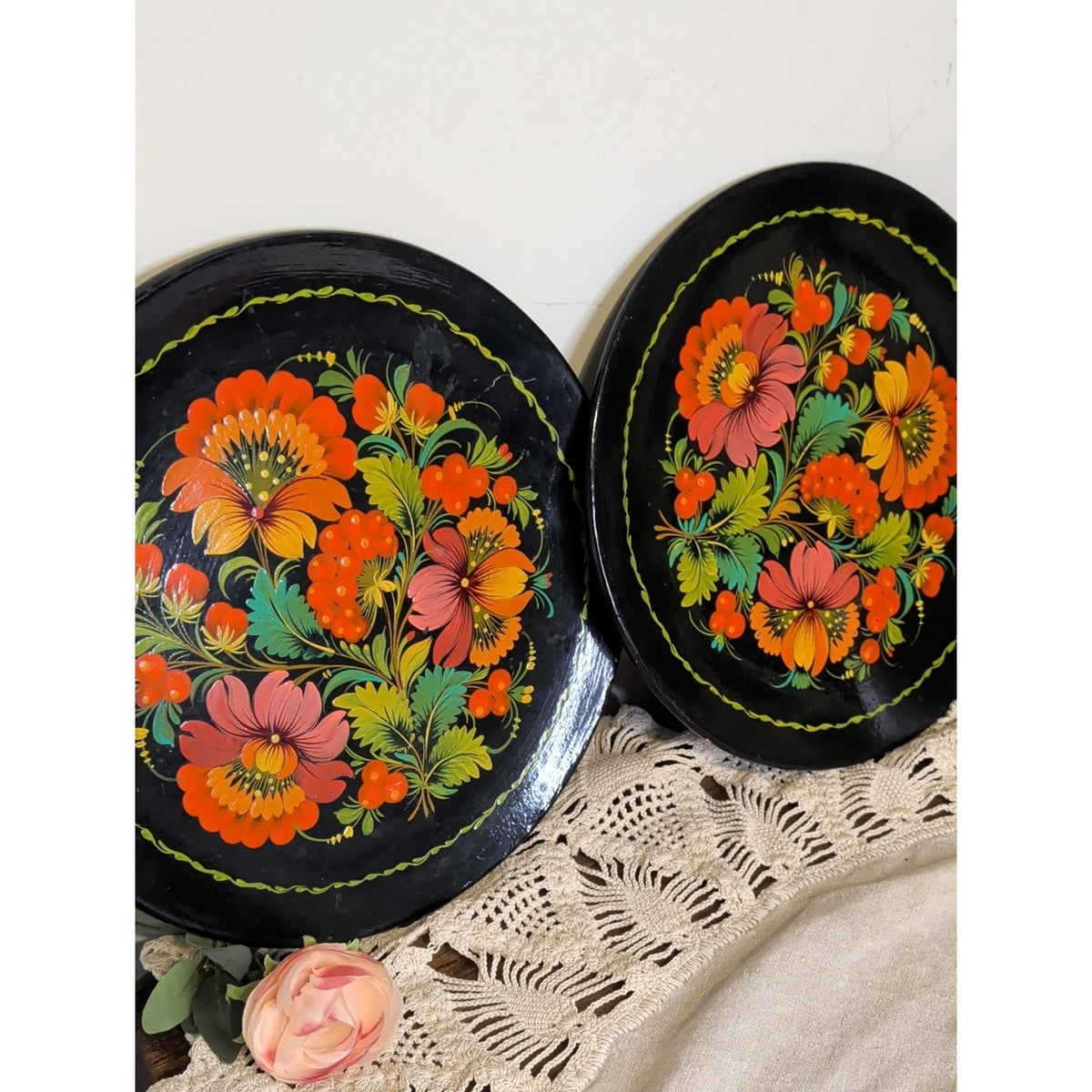 Vintage 1991 Ukrainian Petrykivka Folk Art Painted Wood Plates USSR Set of 2 11”