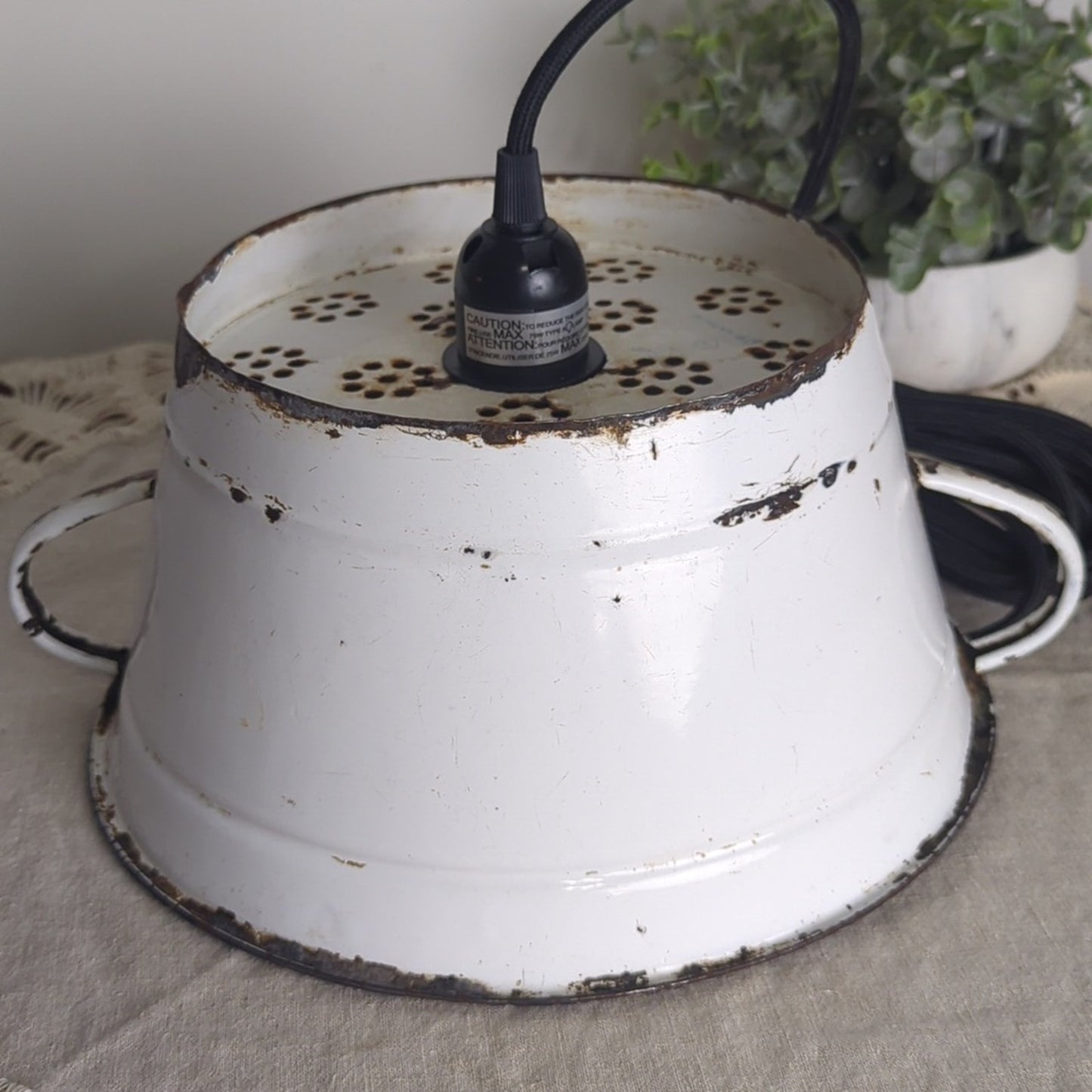 Vintage Enamel Colander Pendant Lamp Rustic Farmhouse Light w/ New Fixture