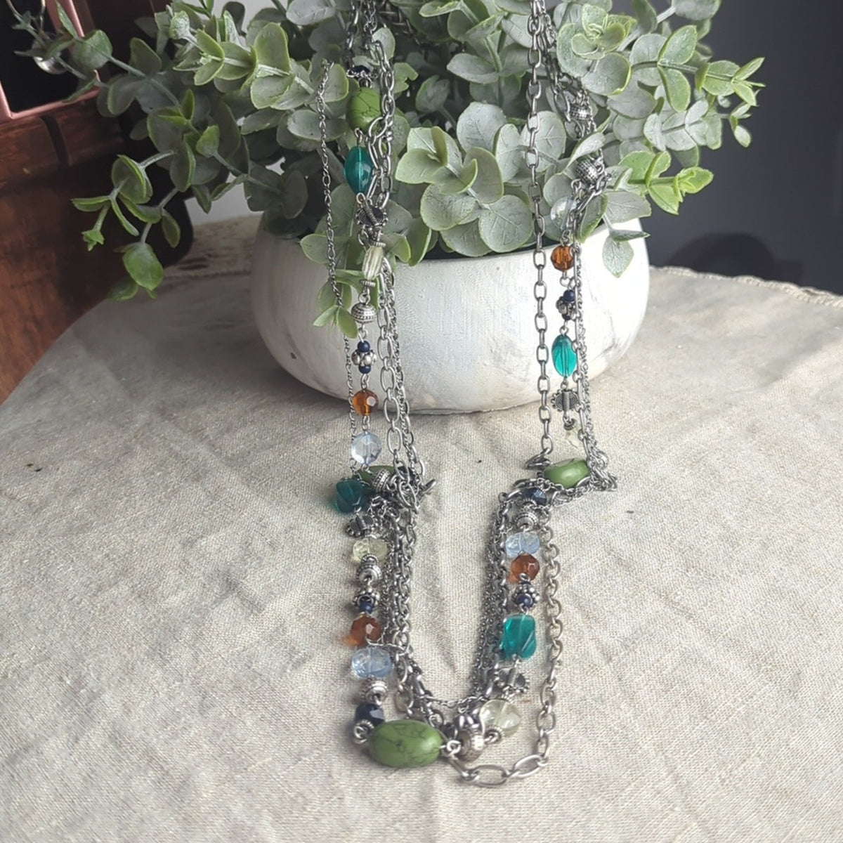 Boho Multi Strand Necklace Green Stone Bead Layered Artisan Style Earth Tone