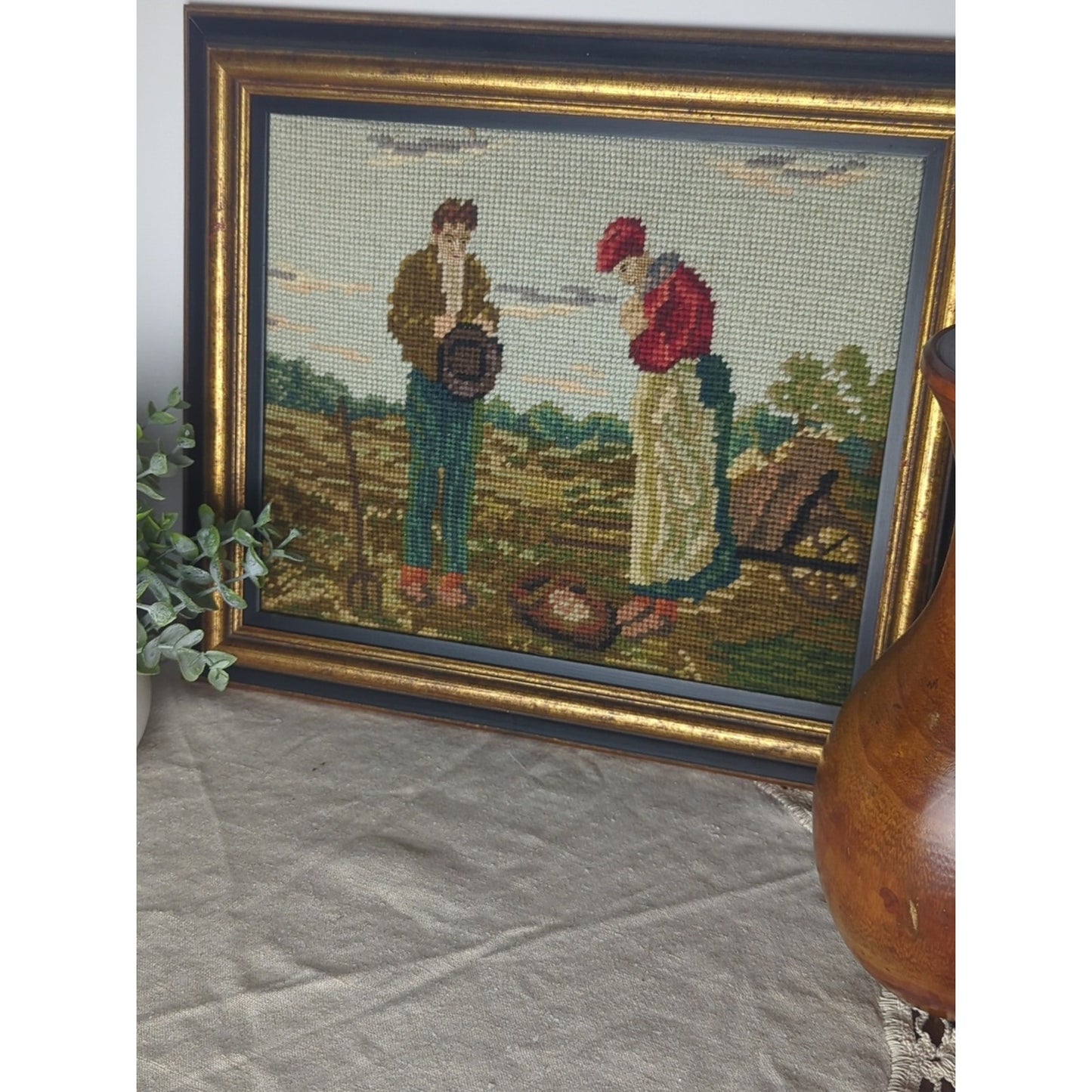 1960s Vintage Handmade Needlepoint Prayerful Farm Couple After Artist Millet